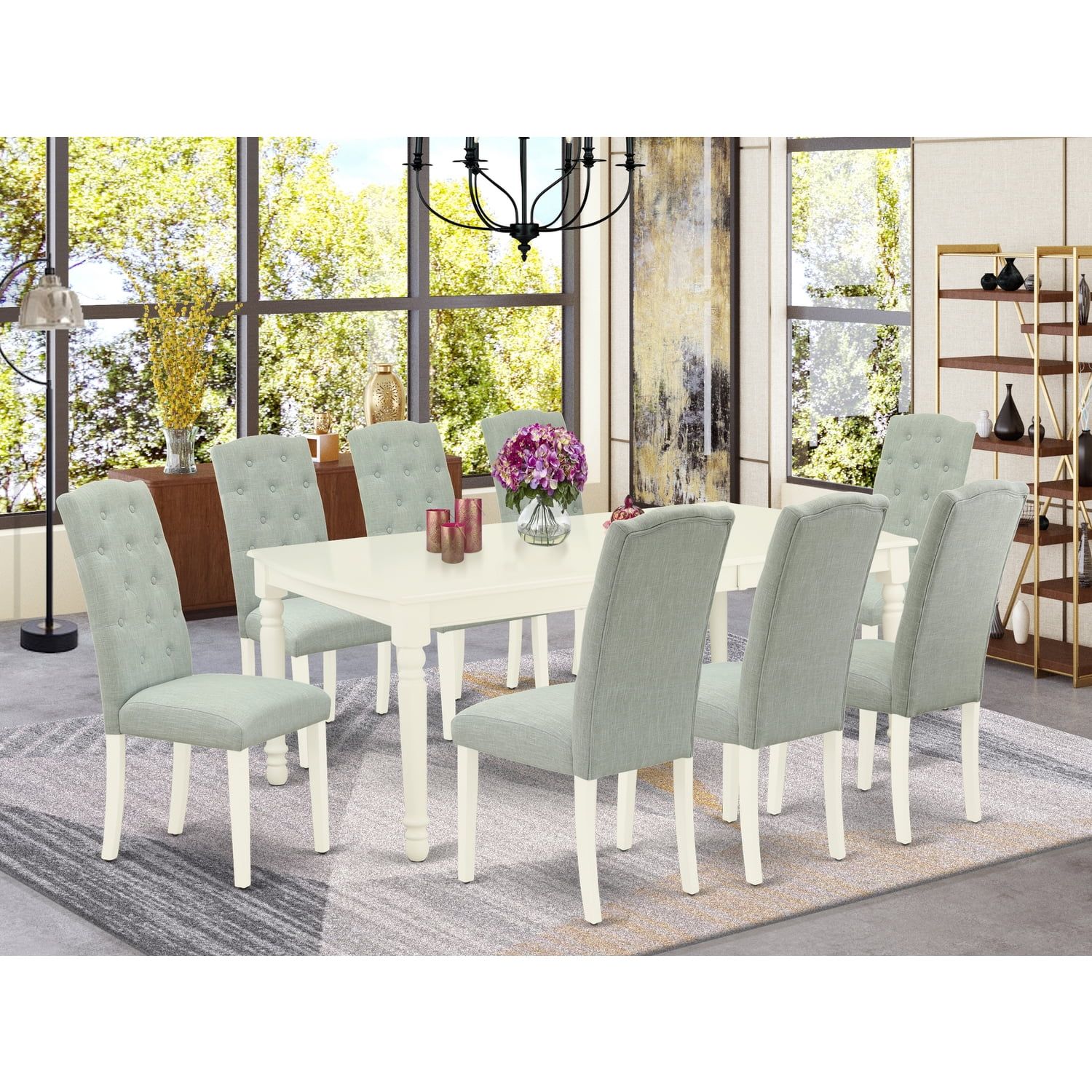 Linen White Rectangular Dining Set with Baby Blue Parson Chairs