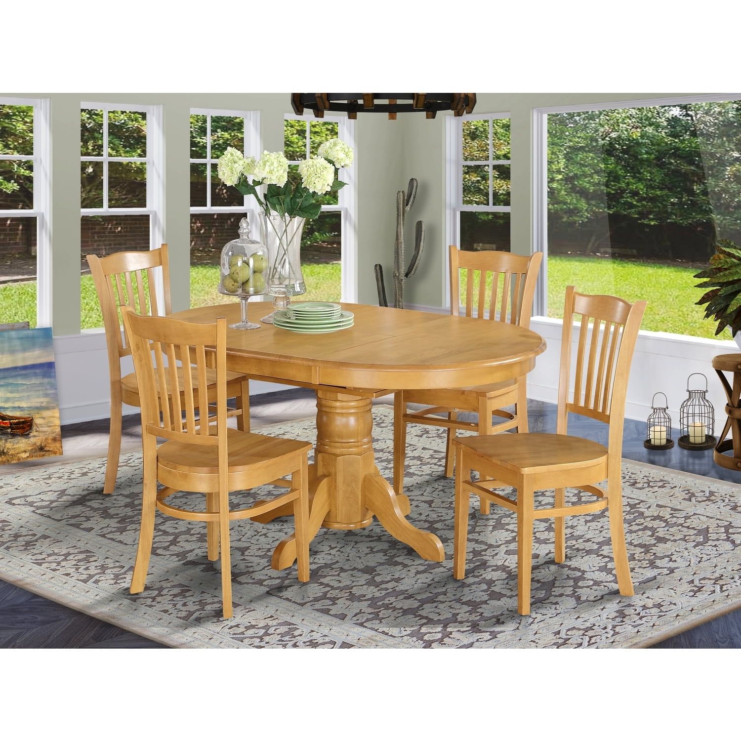 Oak Finish Oval Dining Table Set with 4 Cushioned Chairs