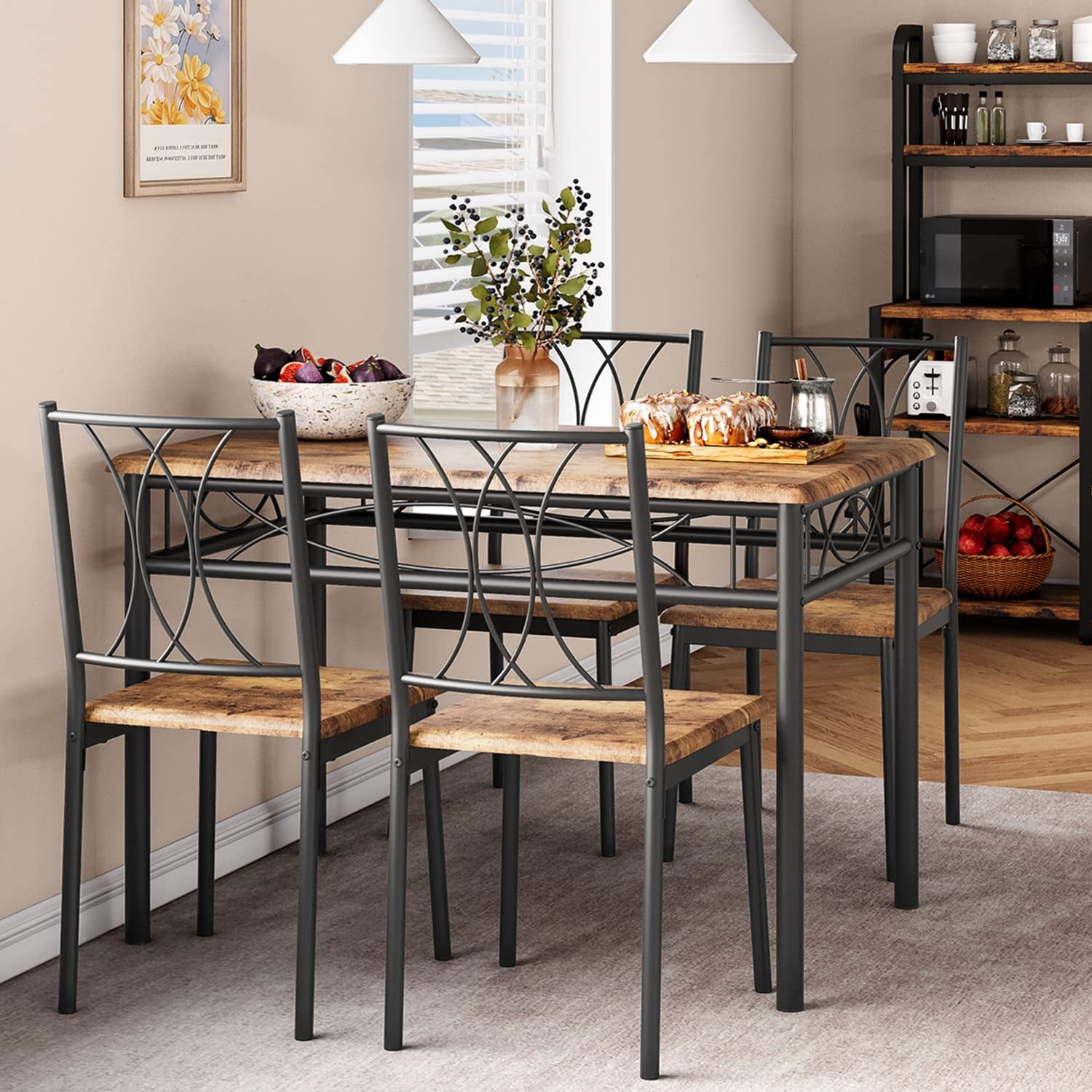 Rustic Brown Metal and Wood Dining Table Set for 4