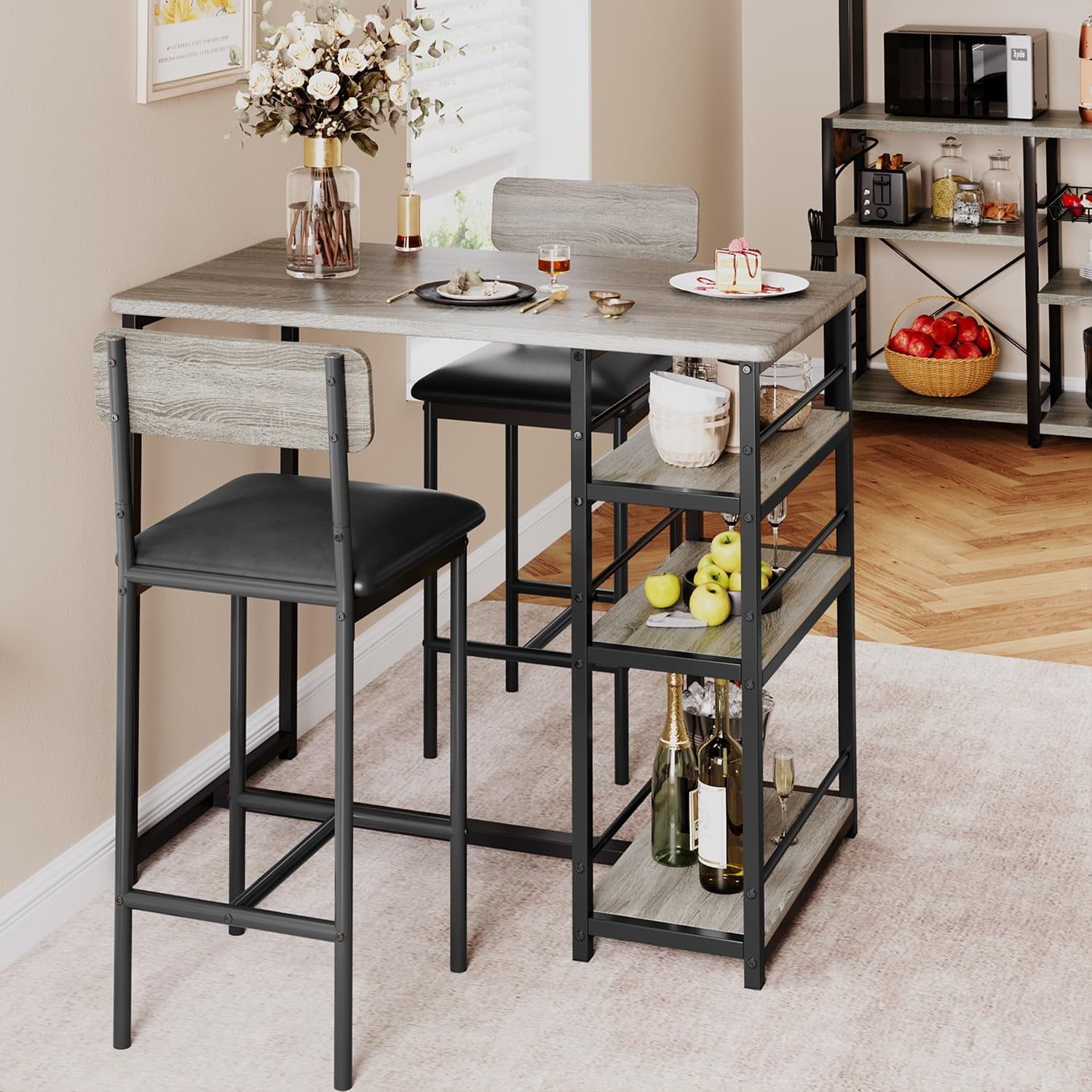 Rustic Grey Rectangular Pub Table Set with 2 Chairs and Storage Shelves