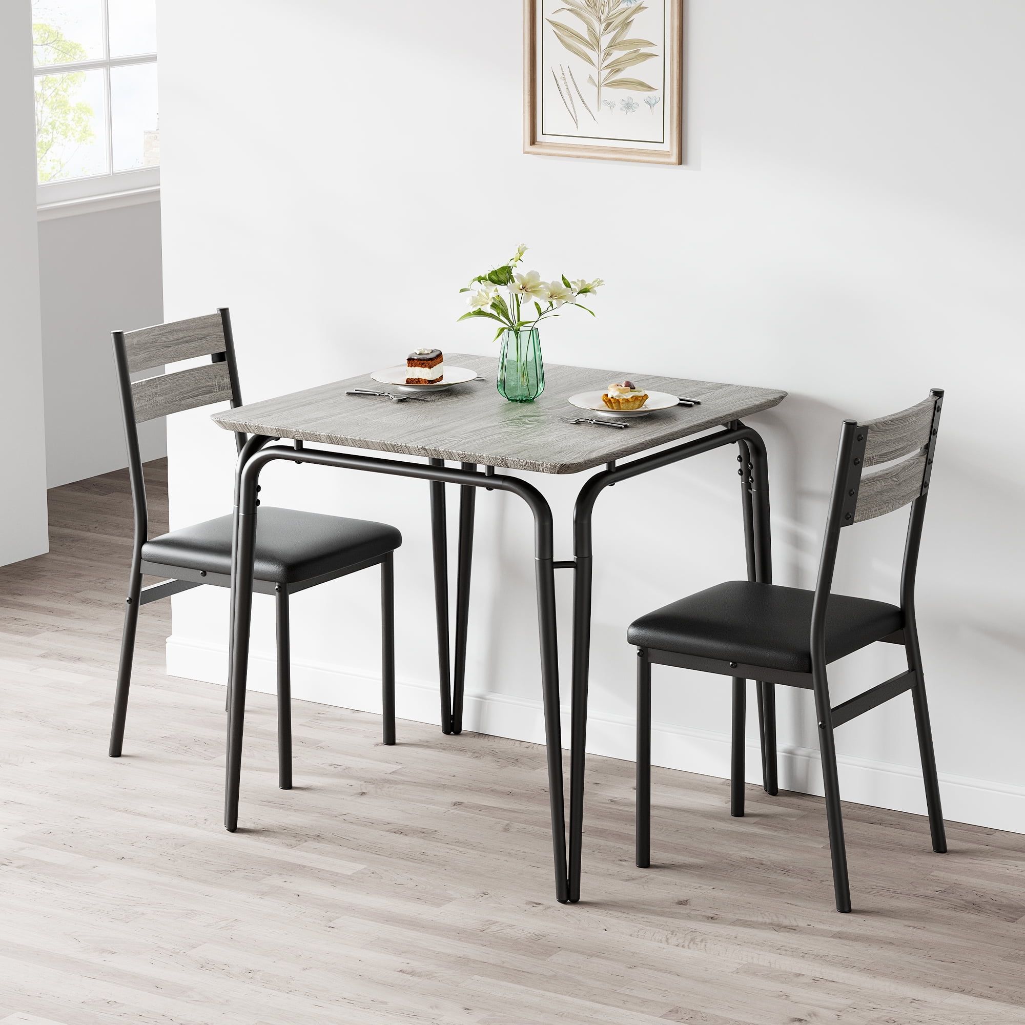 Modern Square Dining Set with Cushioned Chairs, Black Metal and MDF