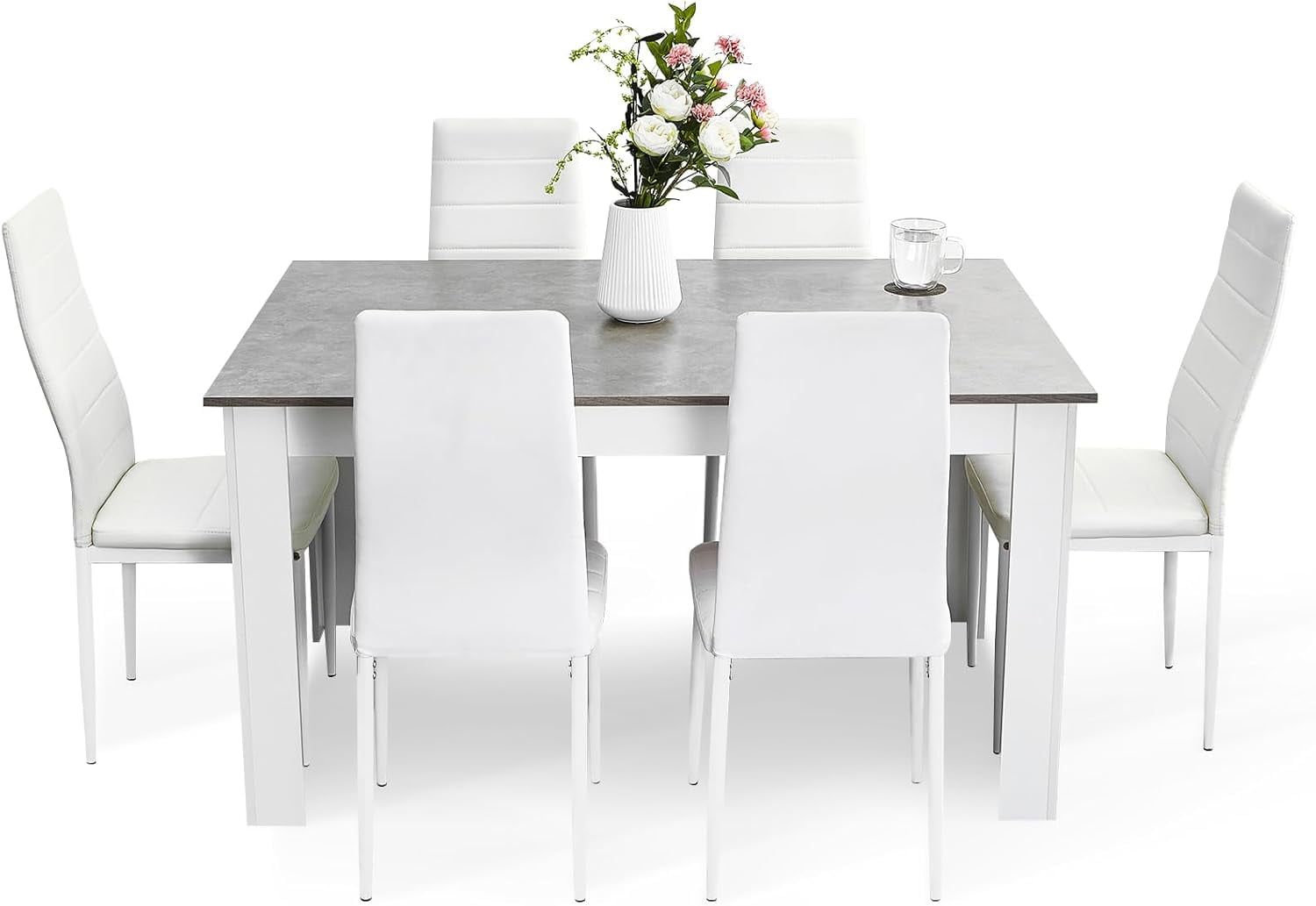 Gray Rectangular Dining Table with 6 White Faux Leather Chairs