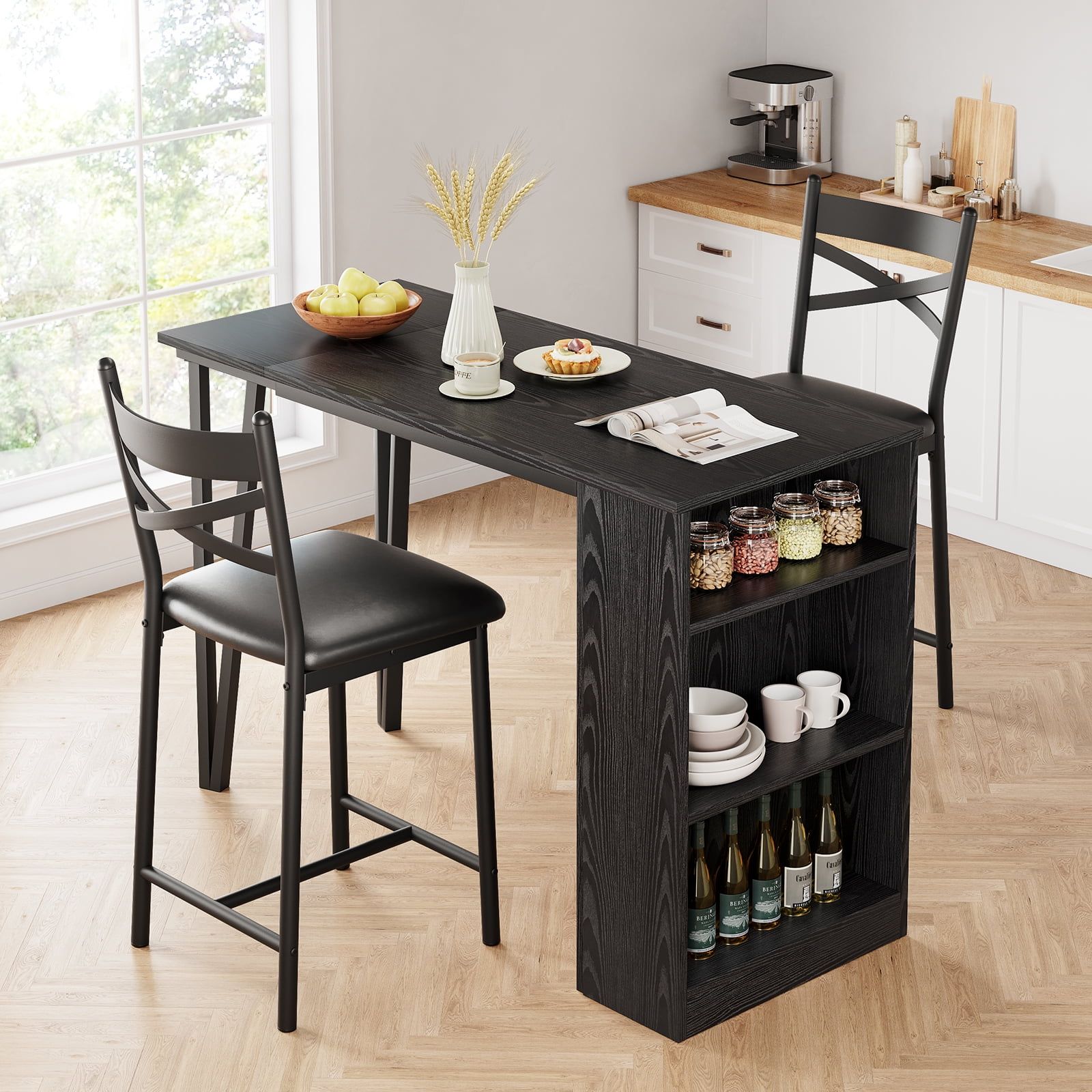 Black Engineered Wood Drop Leaf Dining Table Set with Storage