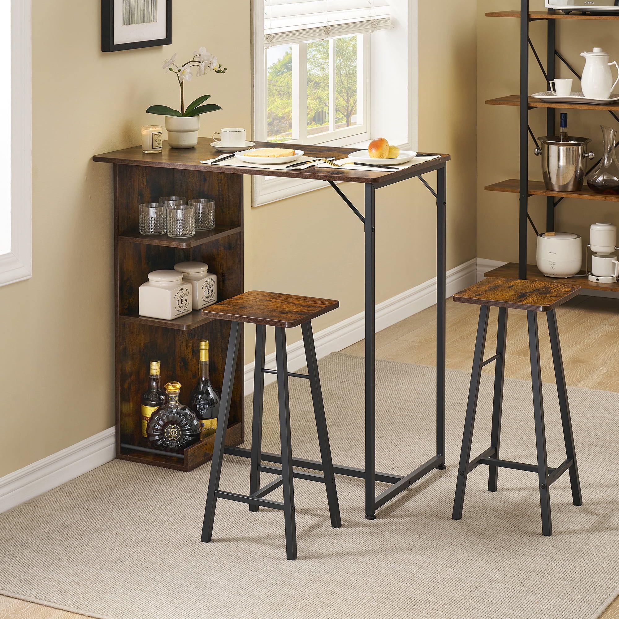 Brown and Black MDF and Iron Pub Table Set with Storage Shelves