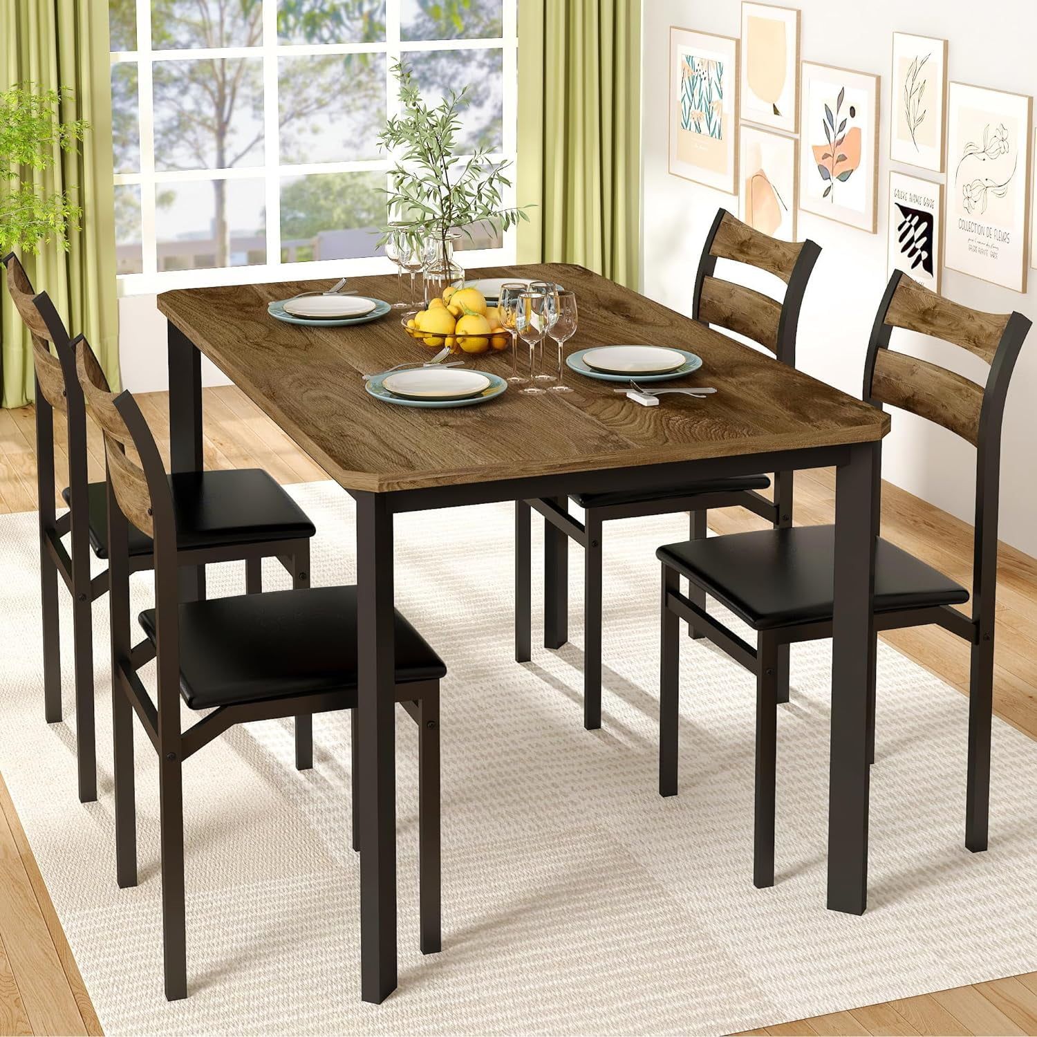 Brown and Black 5-Piece Dining Set with PU Leather Chairs