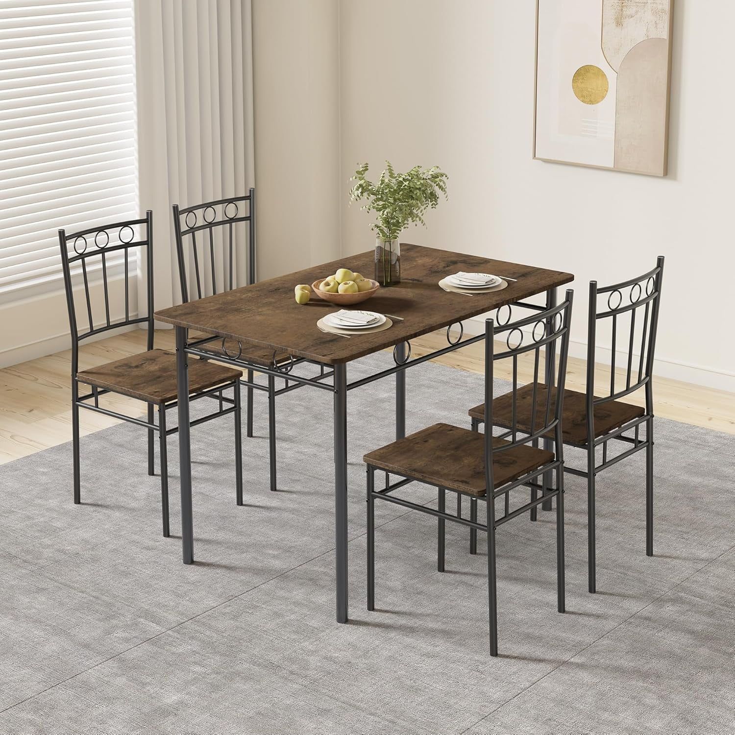 Retro Brown 5-Piece Dining Table Set with Metal Frames