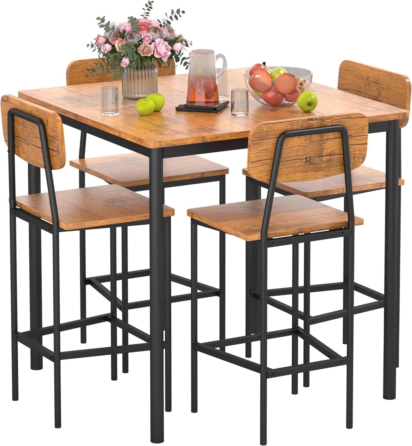 Brown Industrial Square Dining Table Set with 4 Chairs