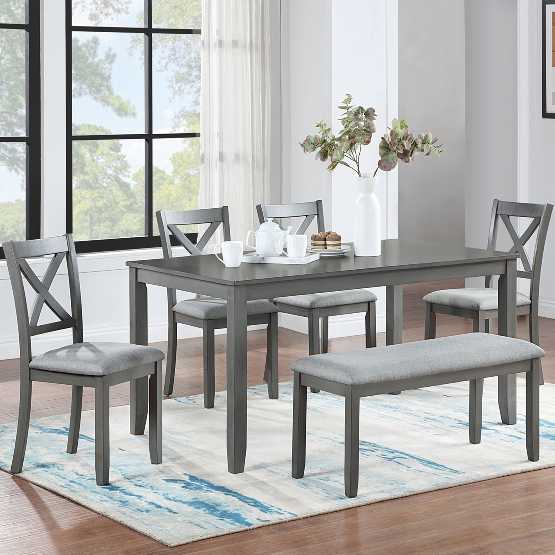 Gray Rectangular Wood Dining Set with Upholstered Chairs and Bench