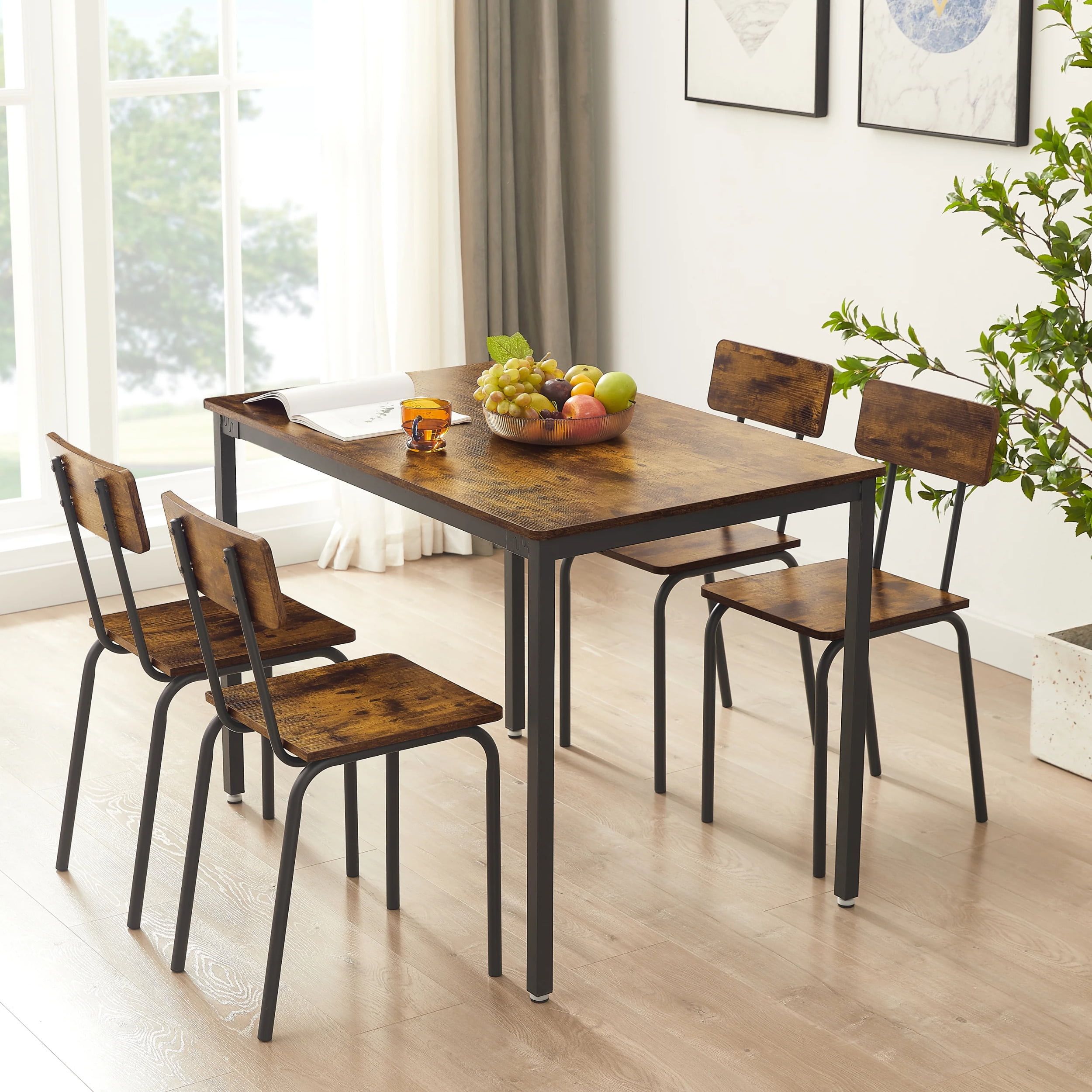 Rustic Brown 5-Piece Industrial Dining Table Set with Steel Legs