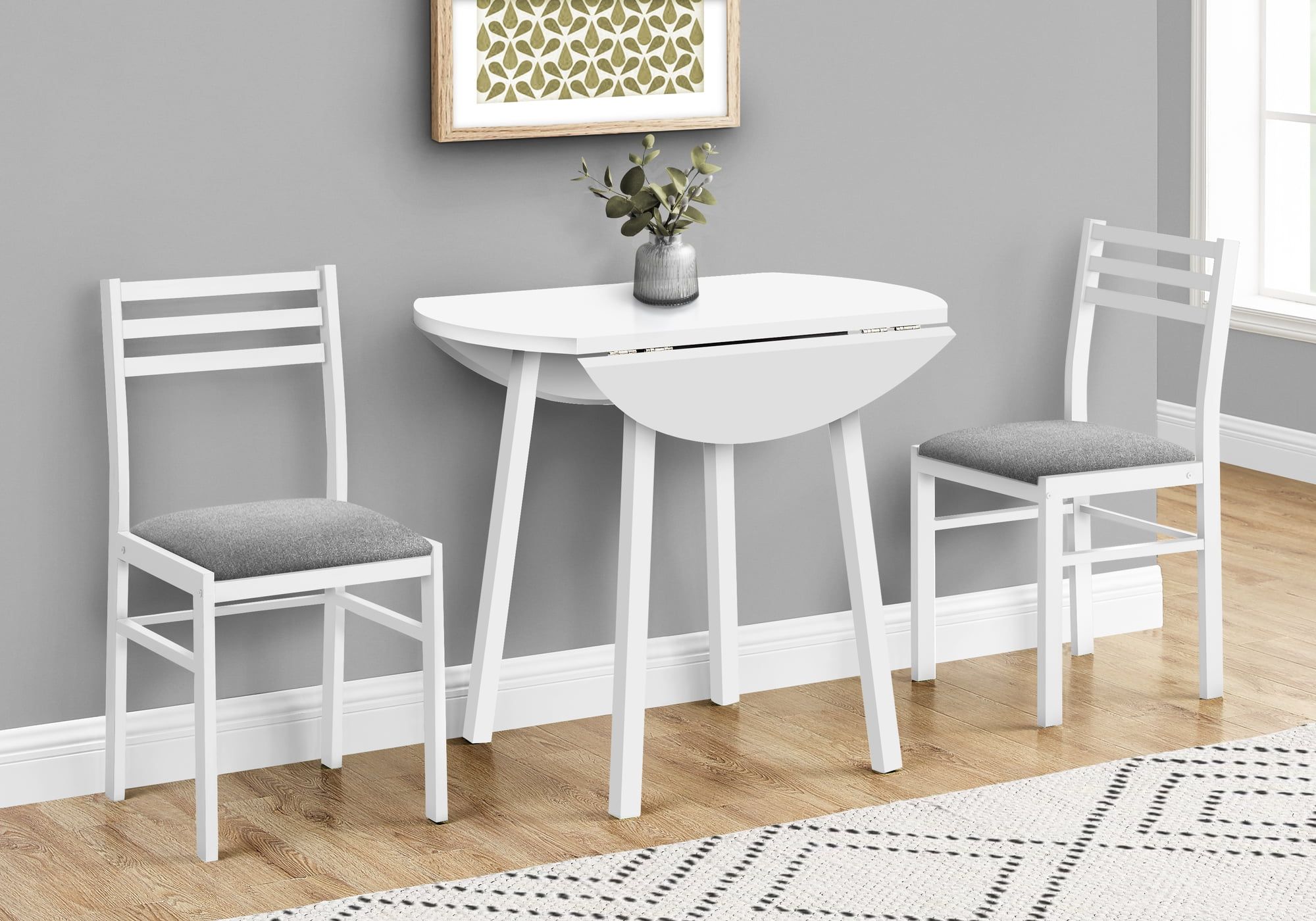 White Metal and Laminate Drop Leaf Dining Set with Gray Cushions