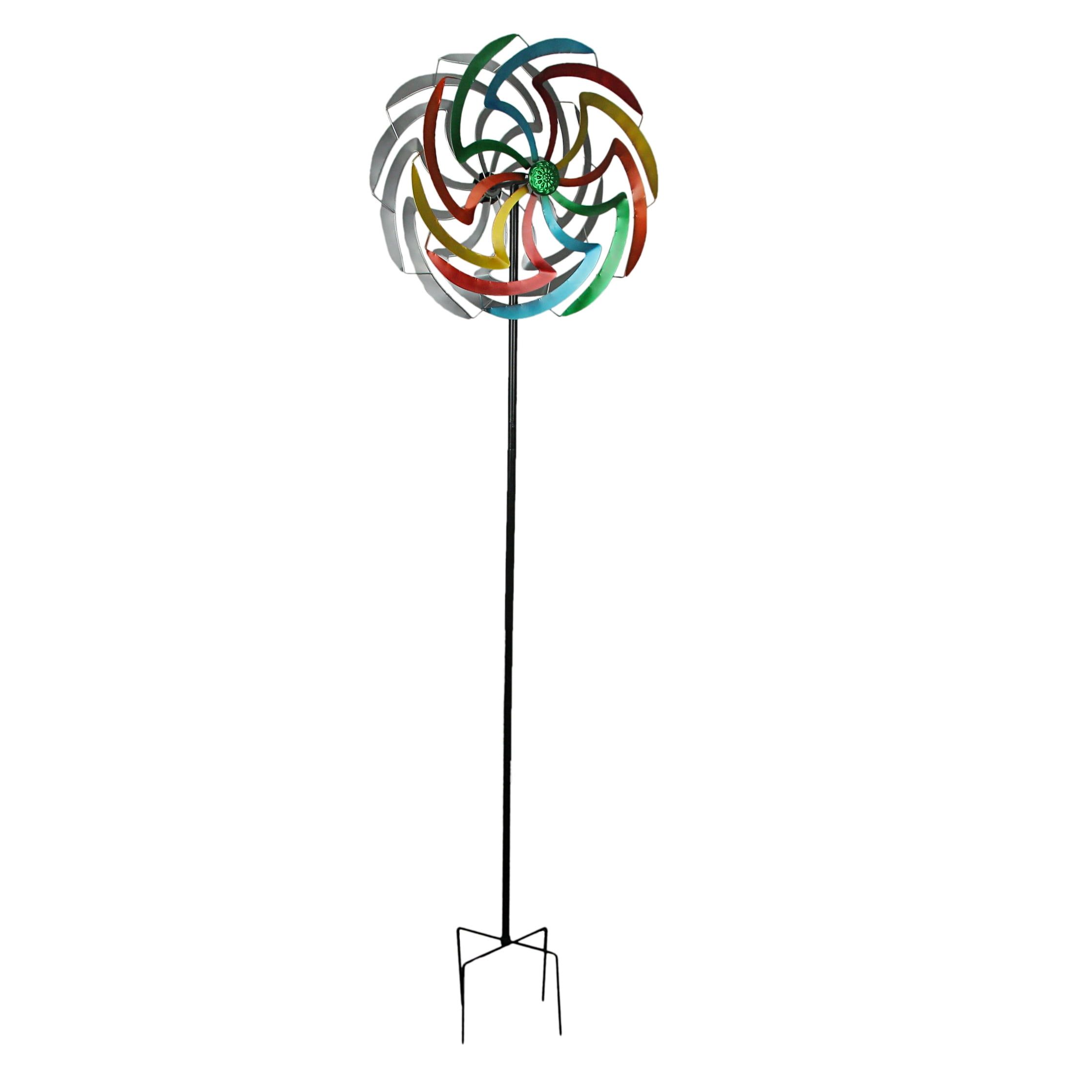 70-Inch Multicolor Anodized Metal Dual Flower Wind Spinner