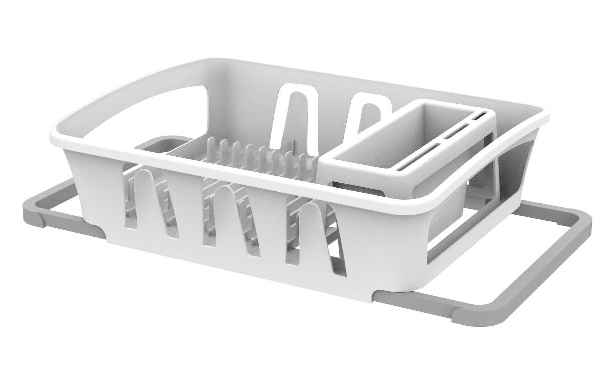 White Expandable Plastic Dish Drying Rack with Utensil Cup