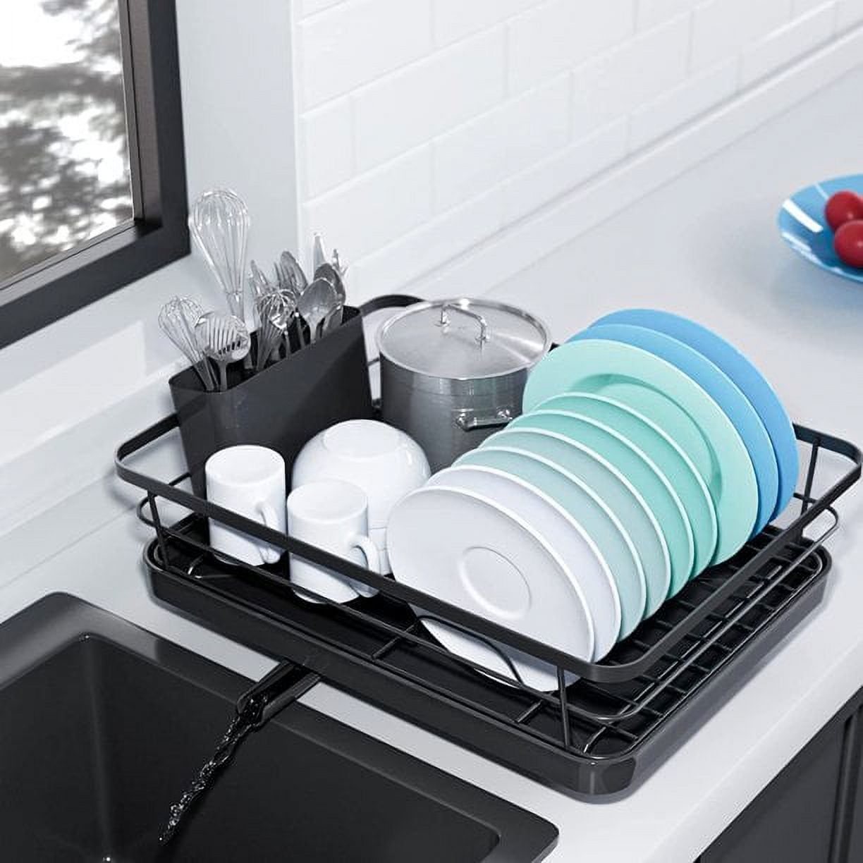 Black Stainless Steel Foldable Dish Drying Rack with Utensil Cup