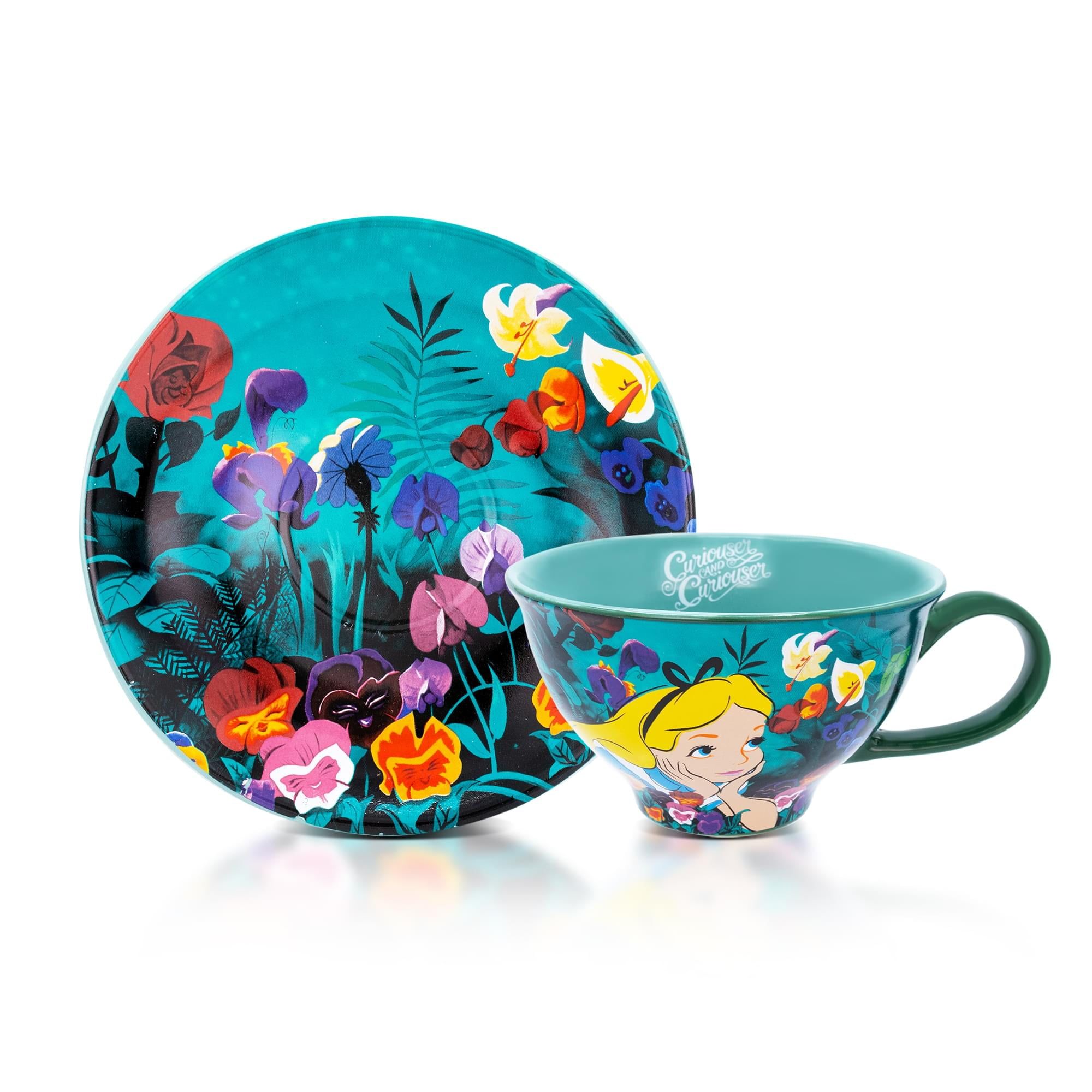 Alice in Wonderland Teal Ceramic Teacup and Saucer Set