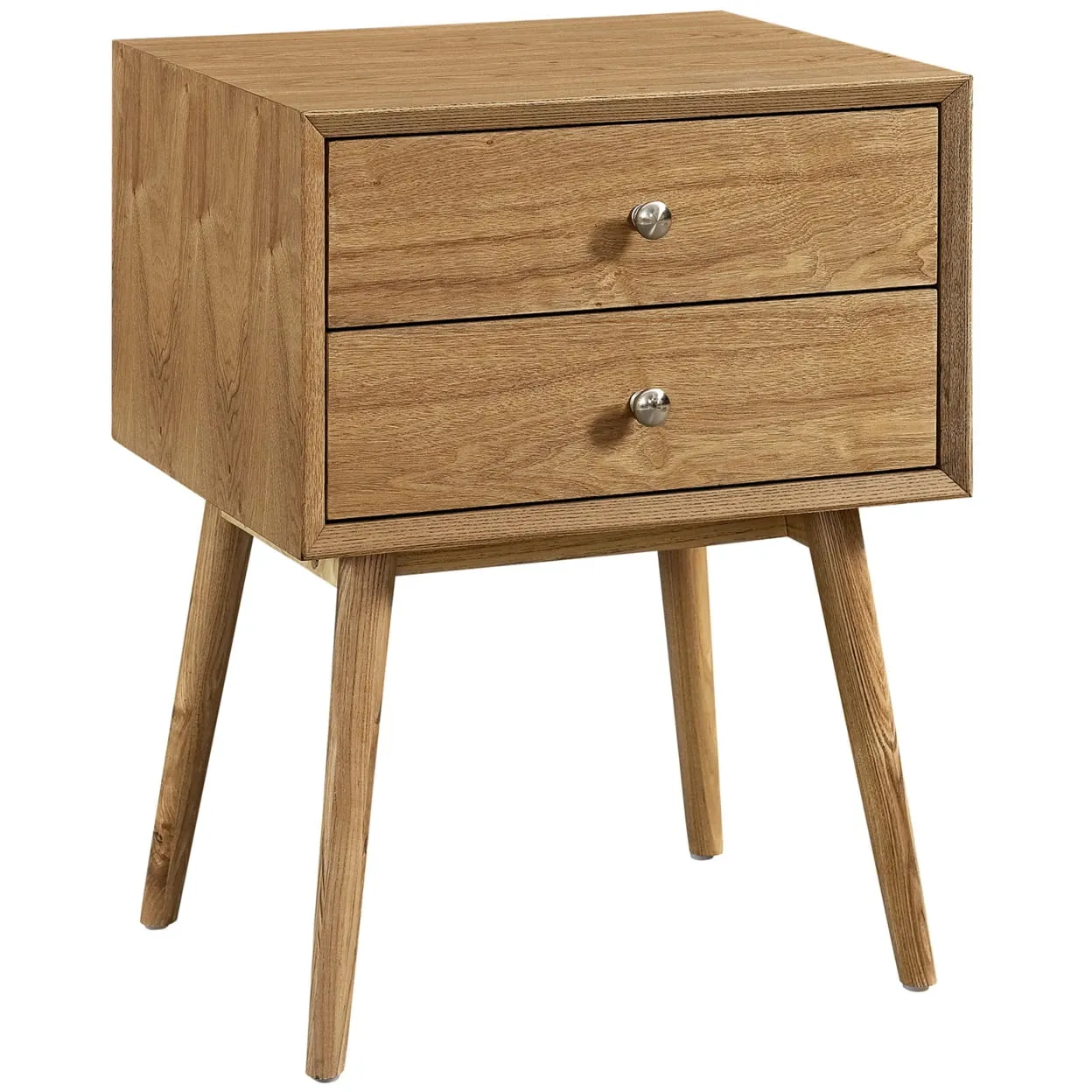 Mid-Century Modern Natural 2-Drawer Nightstand with Polished Metal Knobs