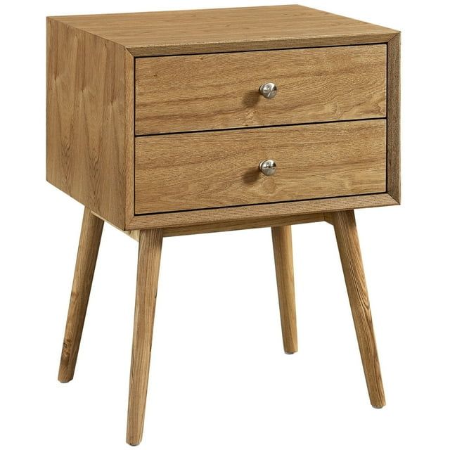 Mid-Century Modern Natural 2-Drawer Nightstand with Polished Metal Knobs