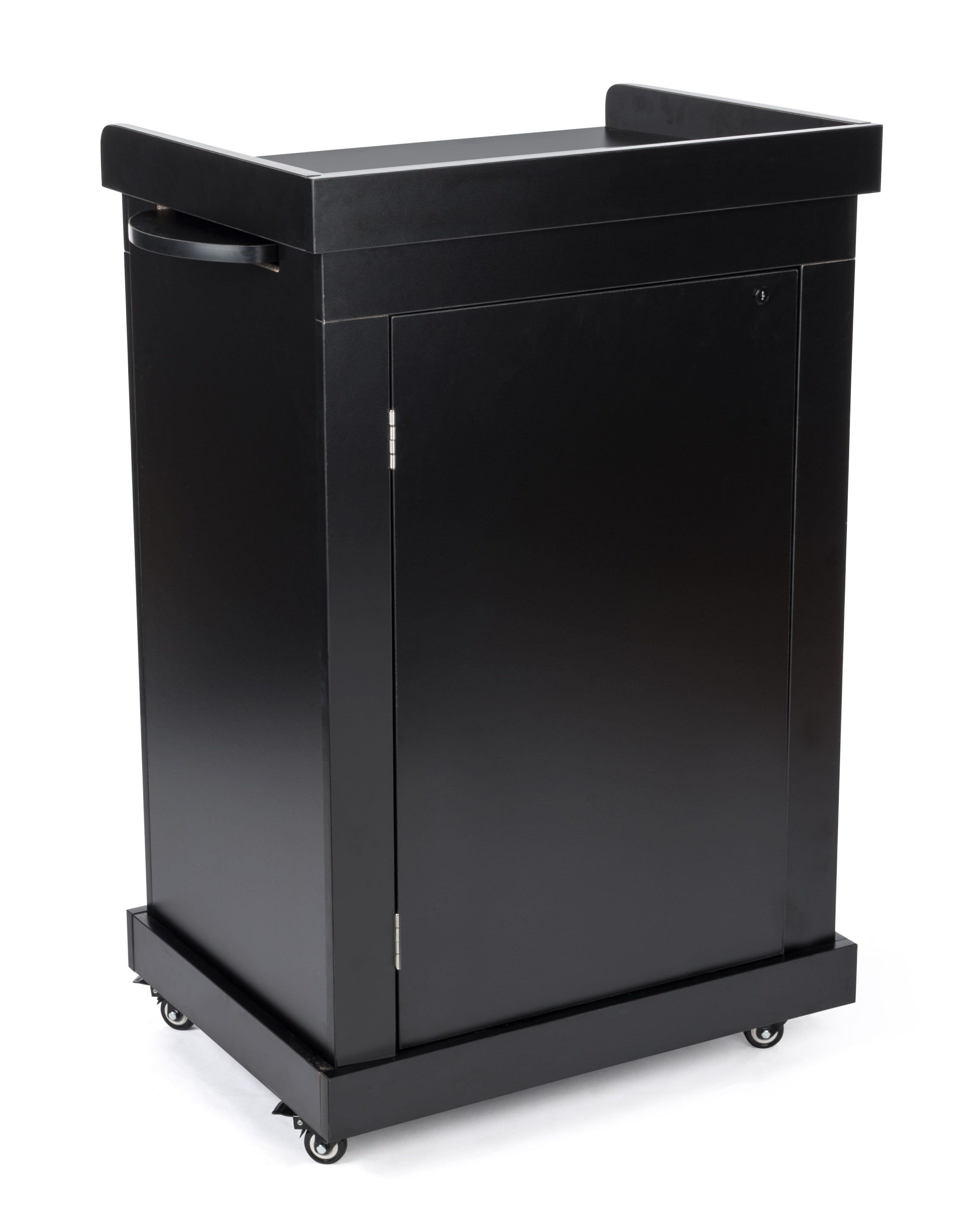 Black Rolling Podium with Adjustable Shelves and Locking Cabinets