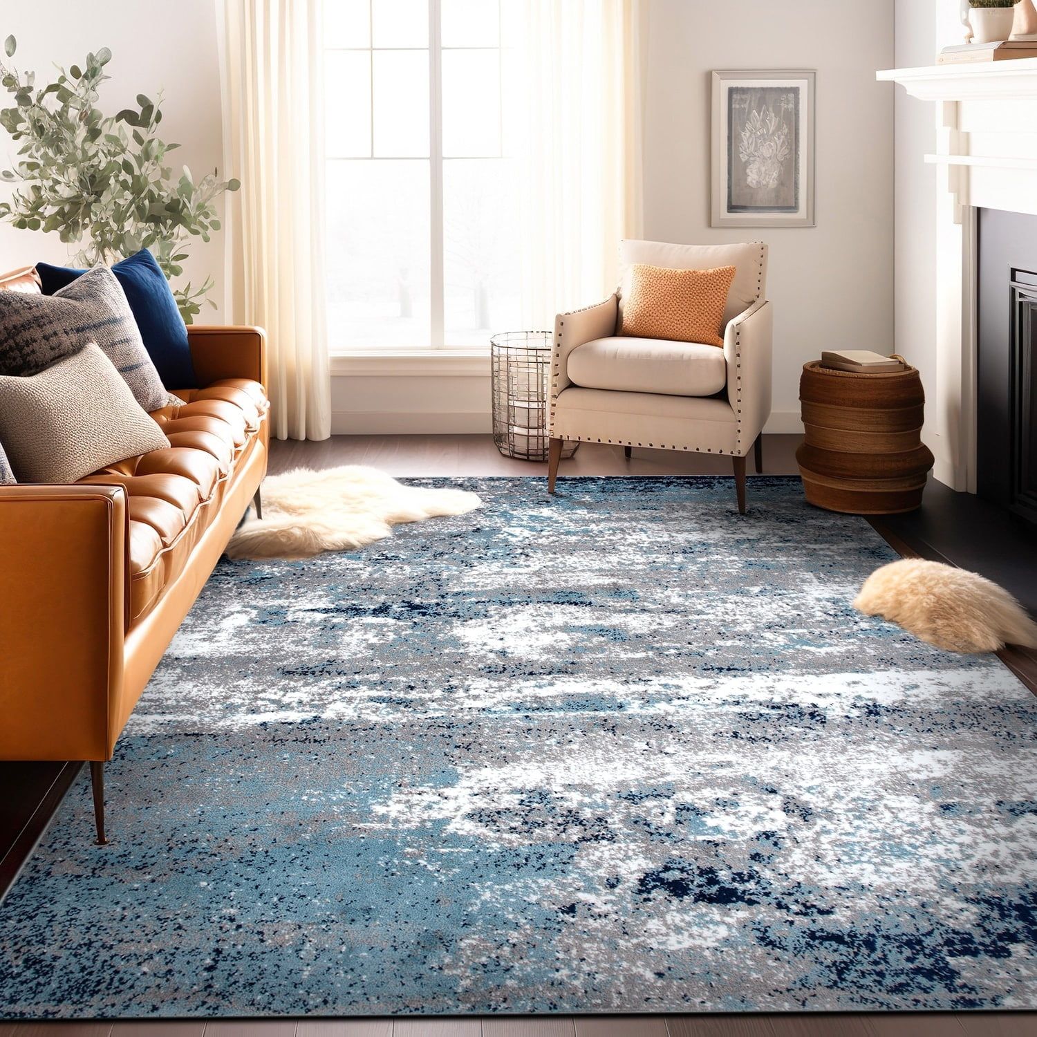 Bohemian Abstract Watercolor Synthetic 5' x 7' Blue Area Rug