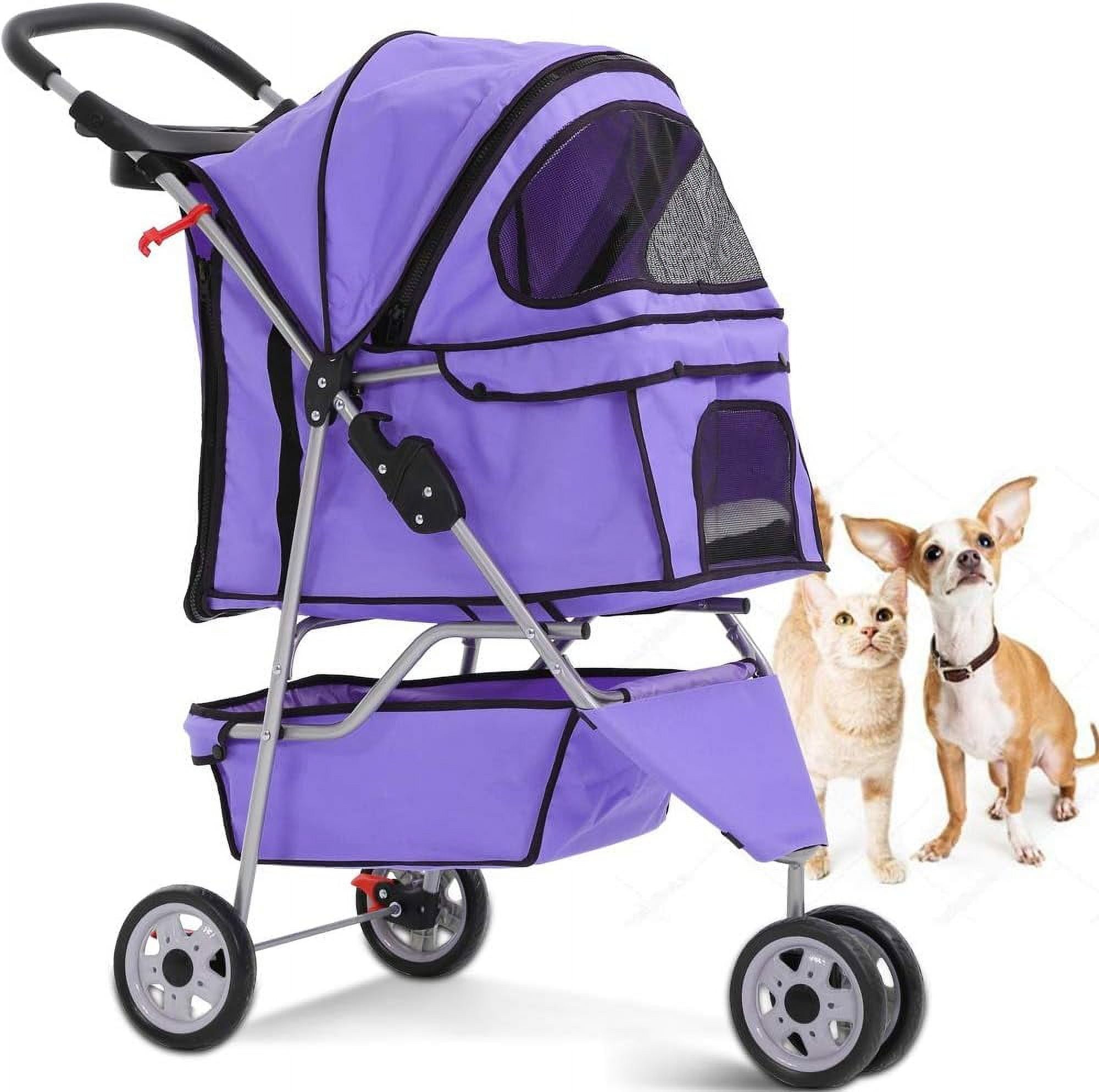 Dkelincs 3 Wheels Dog Cat Stroller Foldable Pet Stroller Travel Carrier with Cup Holder and Removable Liner, Purple