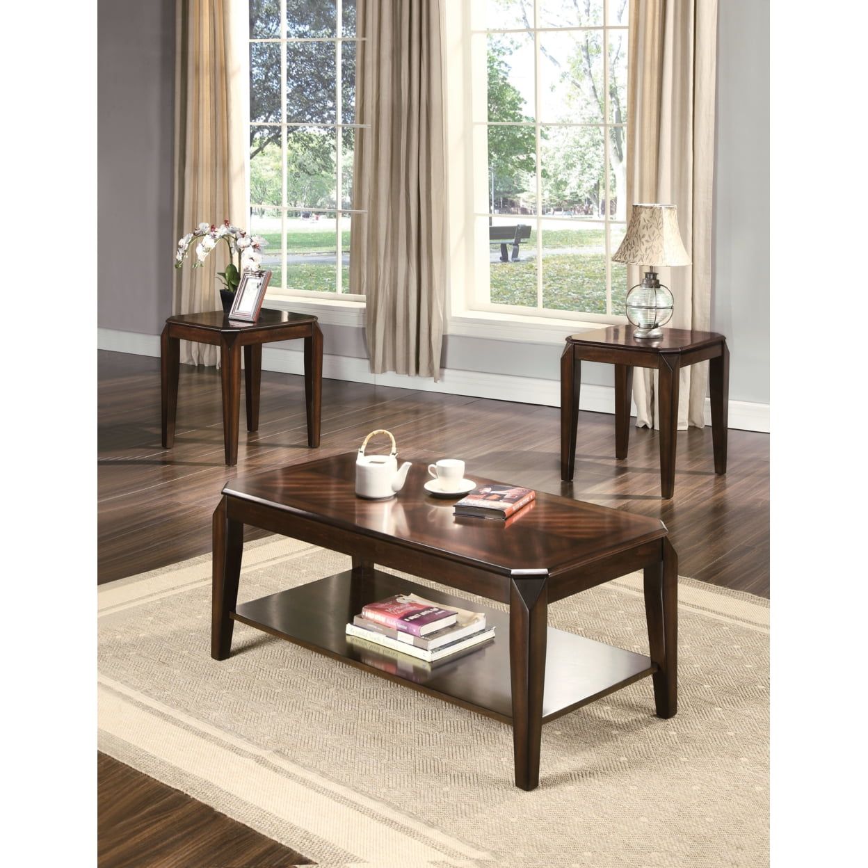 Transitional Walnut Finish 3-Piece Coffee and End Table Set