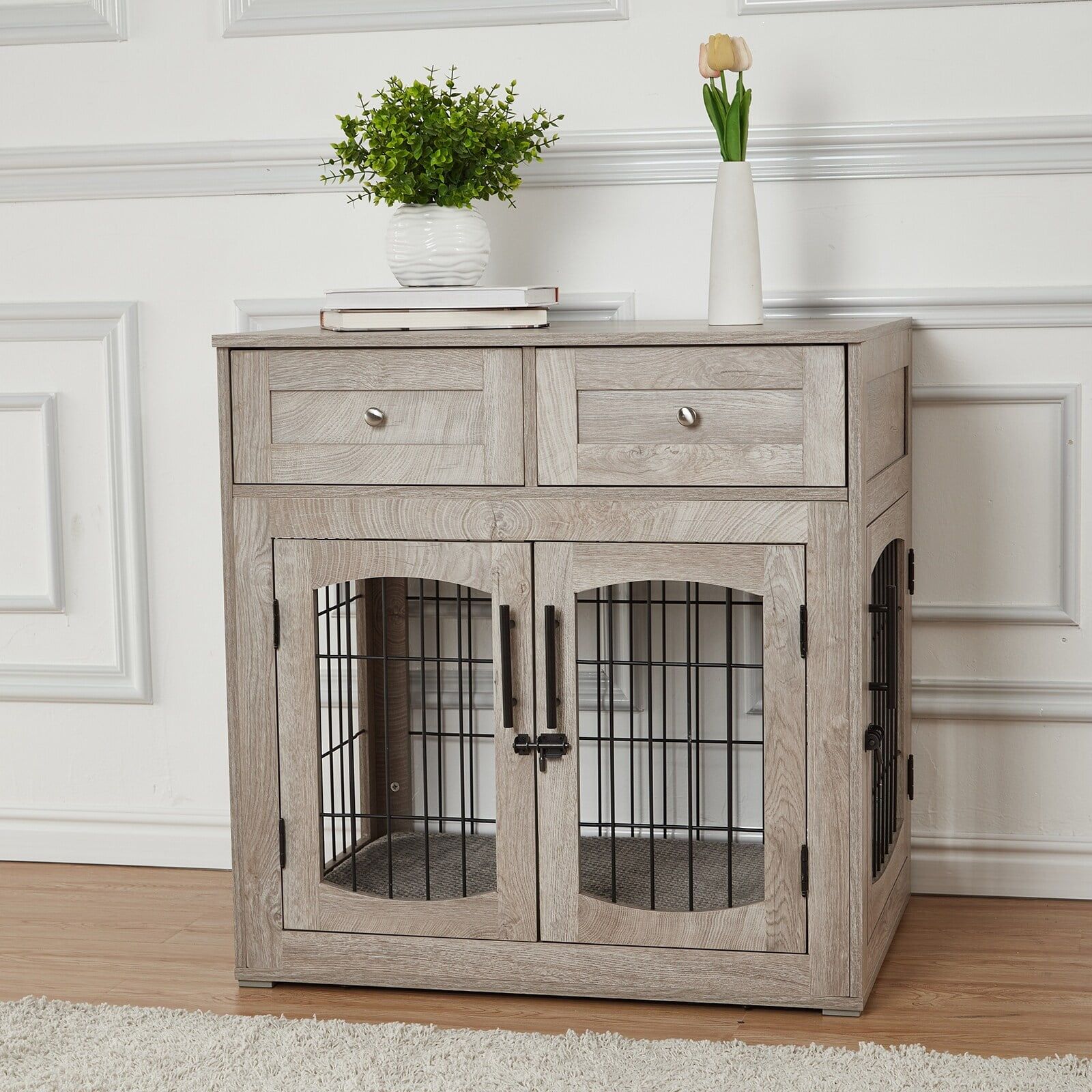 Large Gray MDF and Steel Dog Crate Table with Drawers