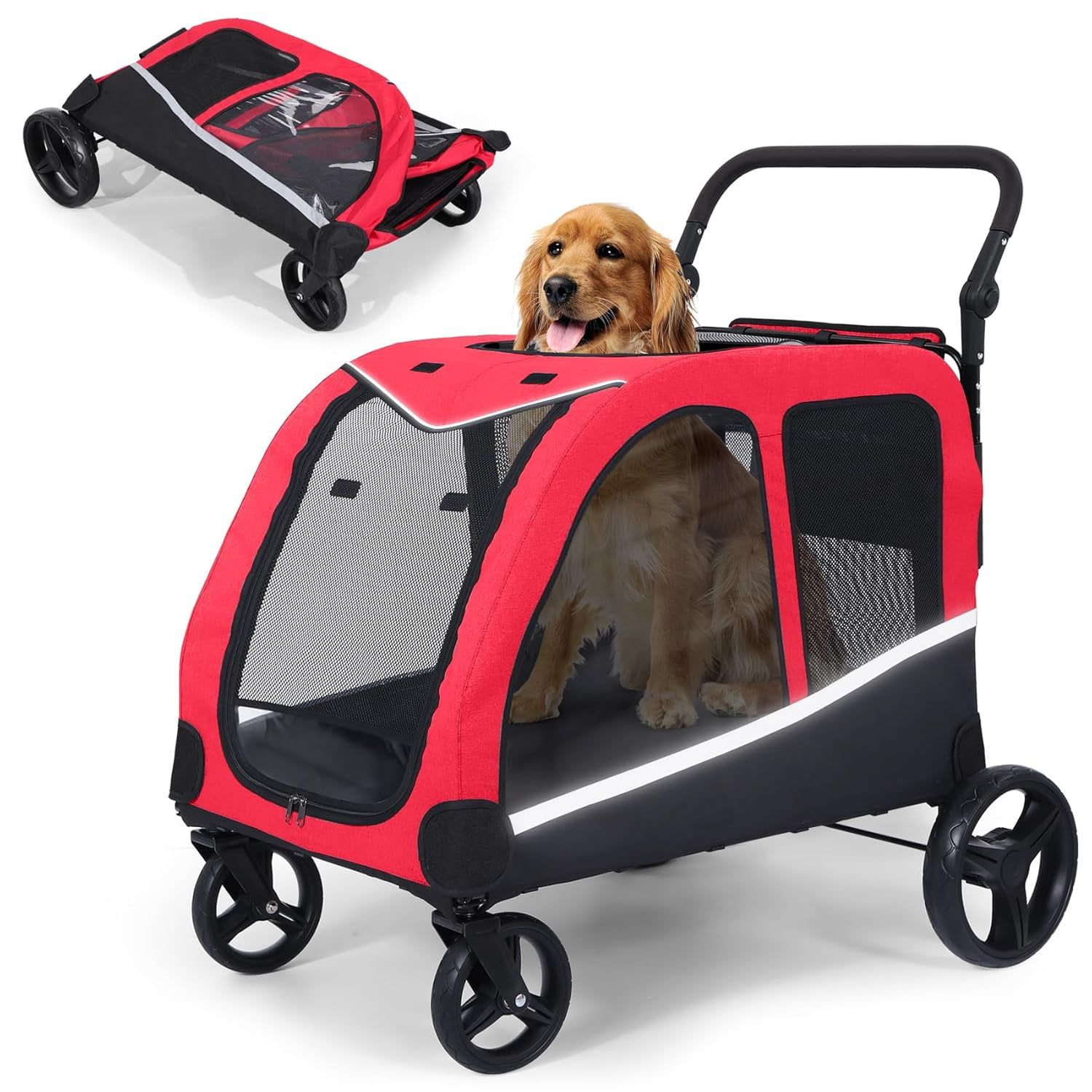 Red Foldable Dog Stroller with Adjustable Handle for Large Pets