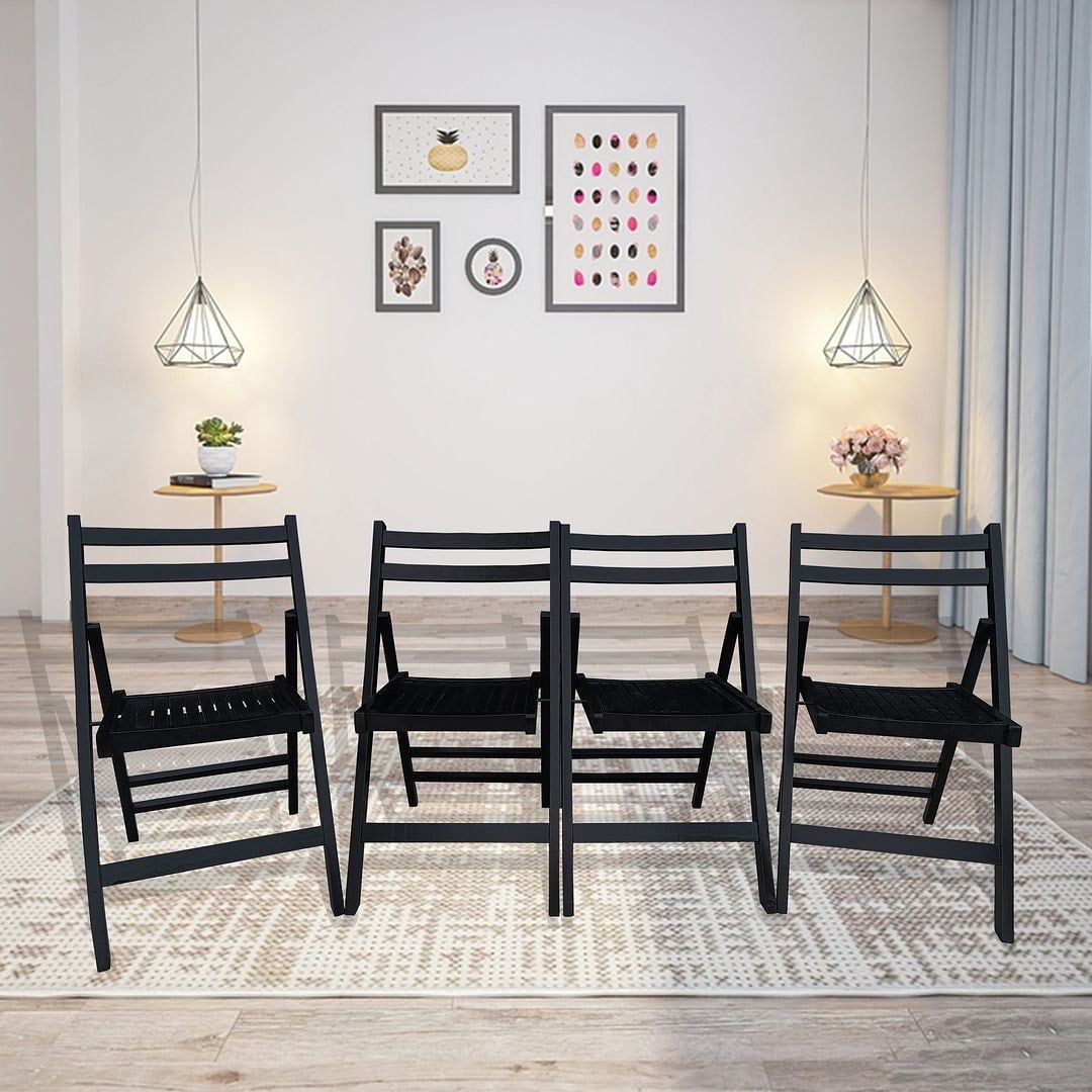 Set of 4 Black Solid Wood Folding Chairs with Slatted Seat
