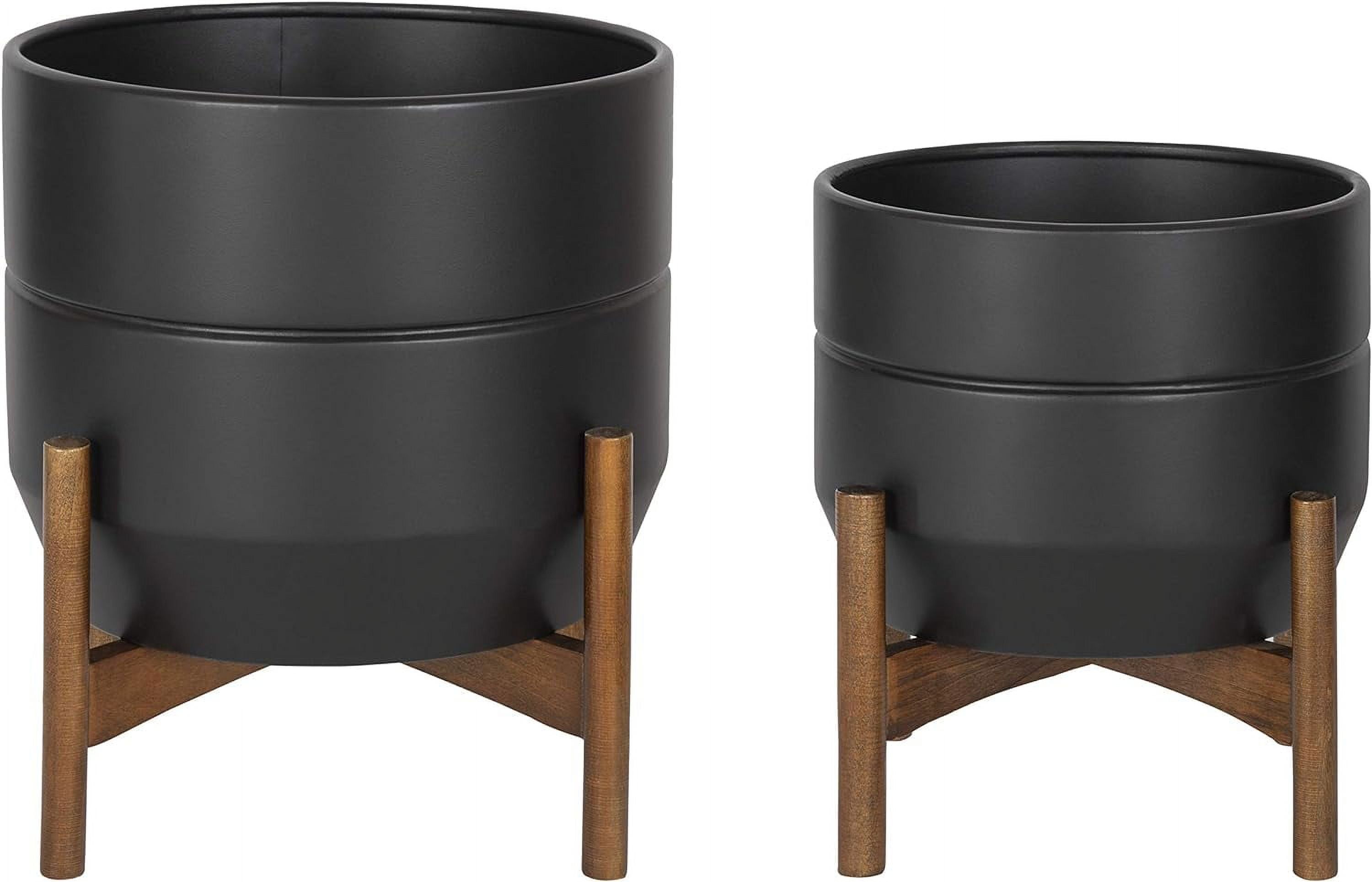 Dolbry Mid-Century Black and Walnut Freestanding Metal Planter Set