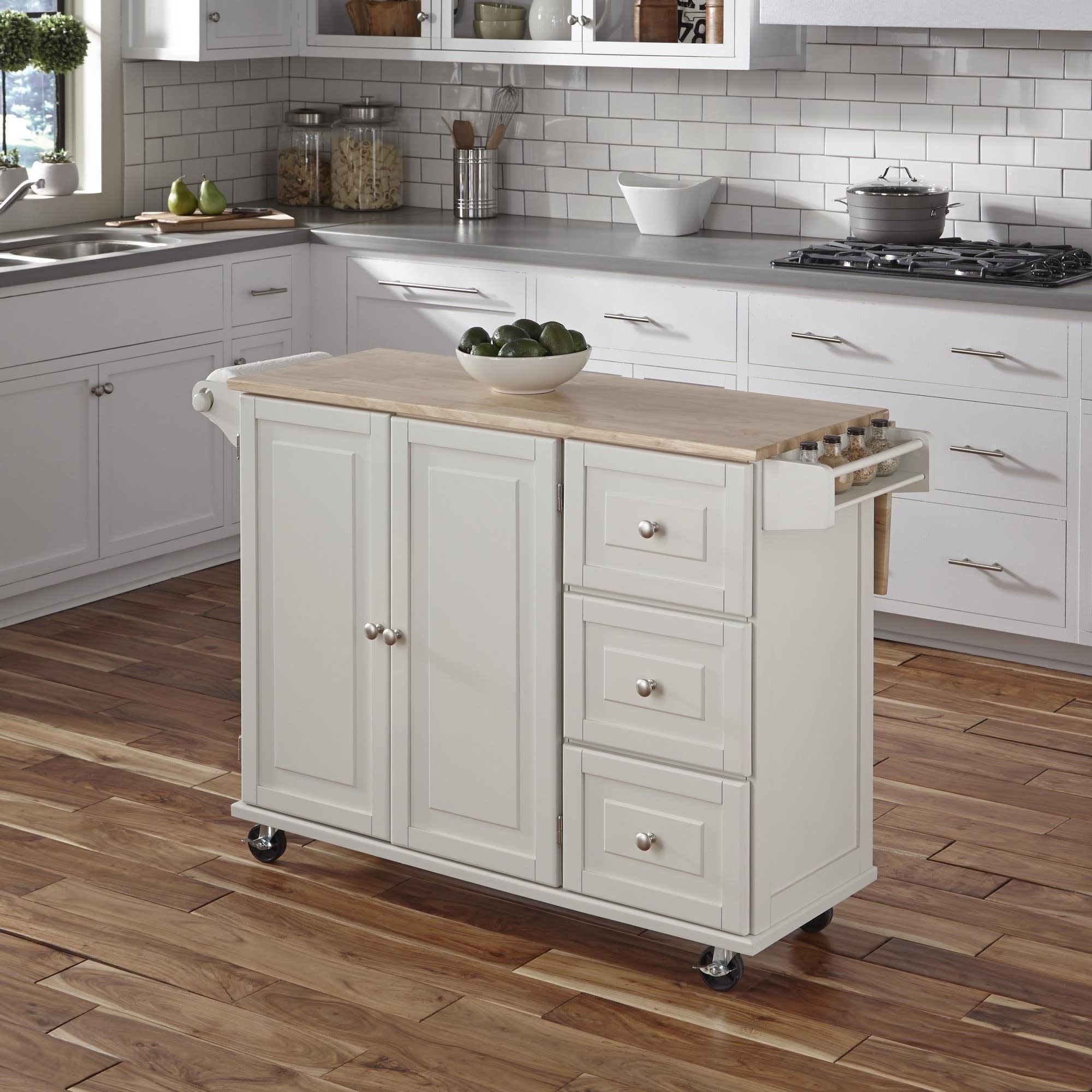 White Wood Drop Leaf Kitchen Cart with Spice Rack