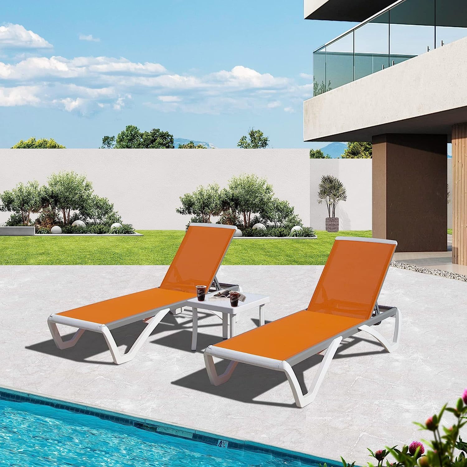 3-Piece White and Orange Adjustable Outdoor Lounge Chair Set