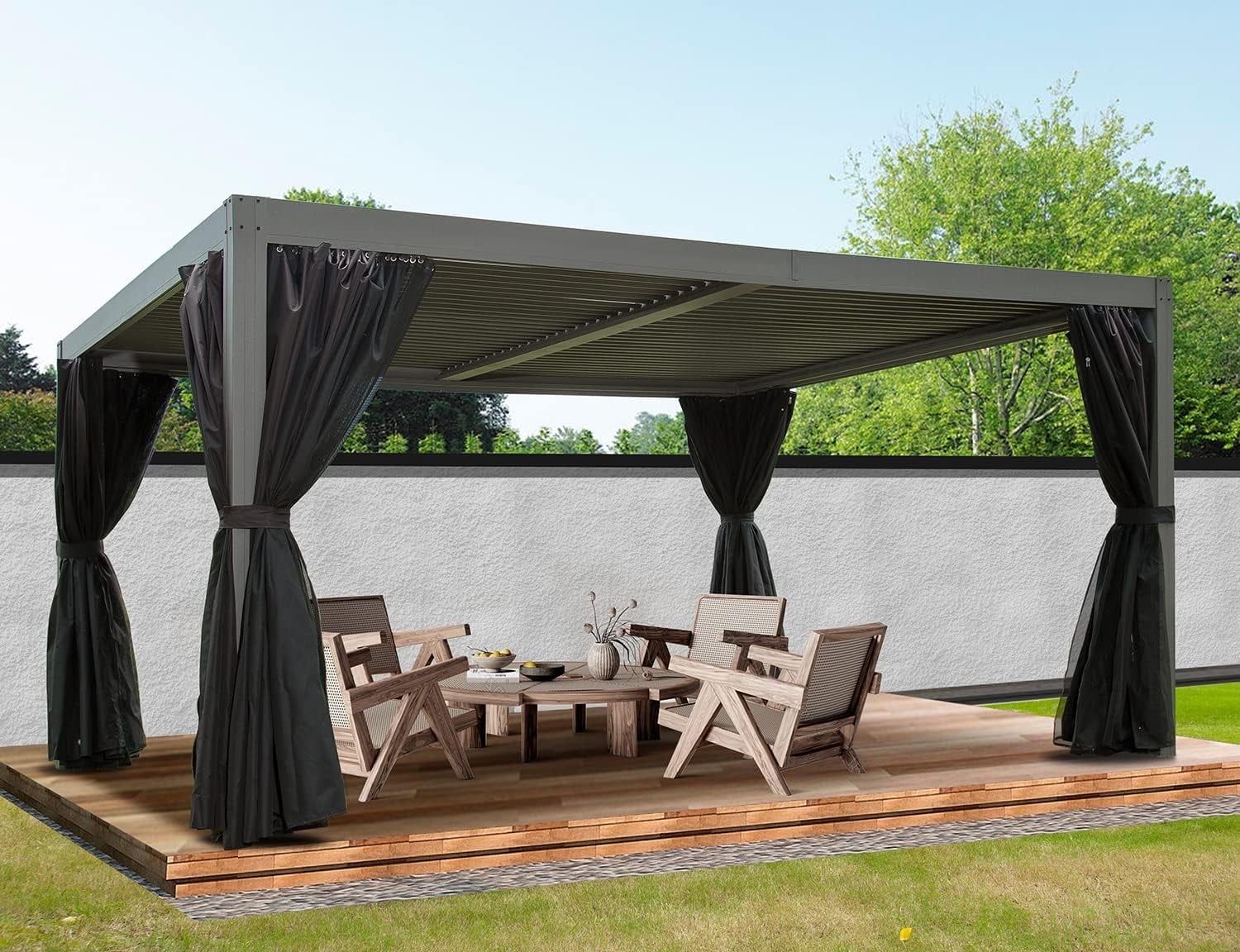 Gray Aluminum 10' x 13' Permanent Hardtop Gazebo with Curtains