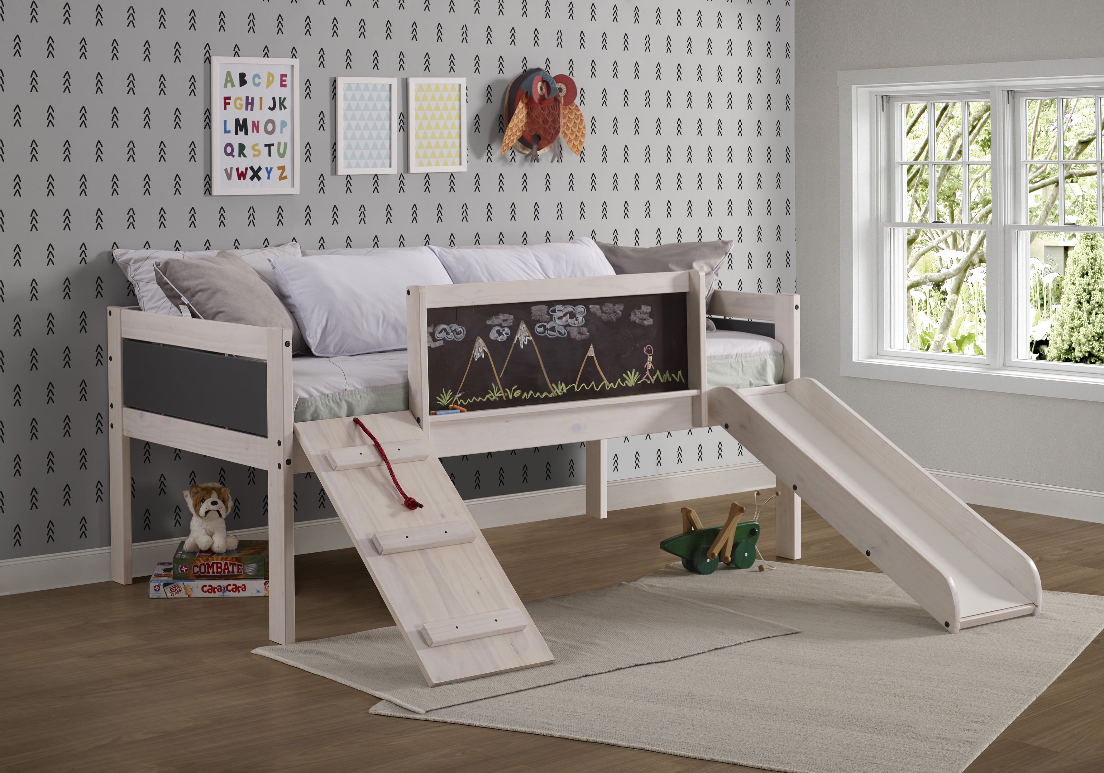 Twin Loft Bed with Storage Drawer and Playful Slide in White Wash Pine