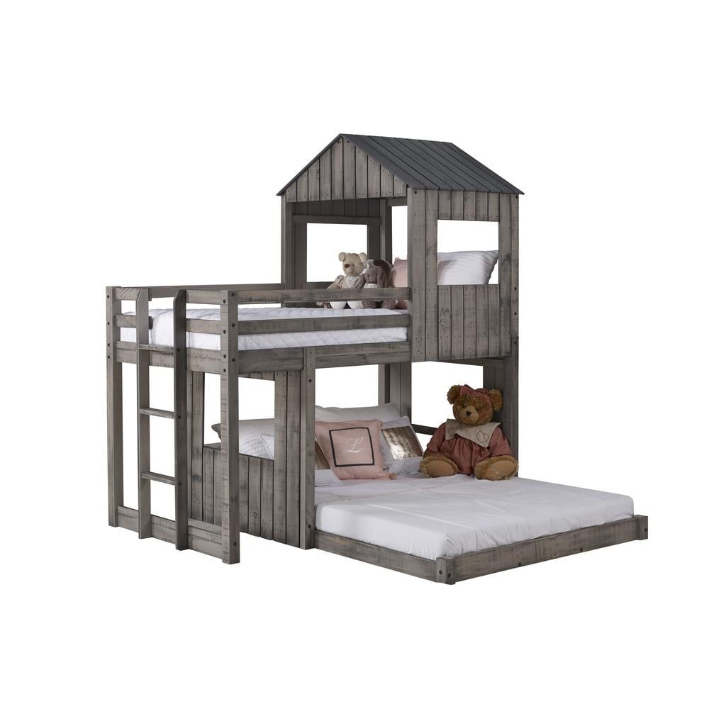 Rustic Gray Pinewood Twin Over Full Loft Bunk Bed with Drawers