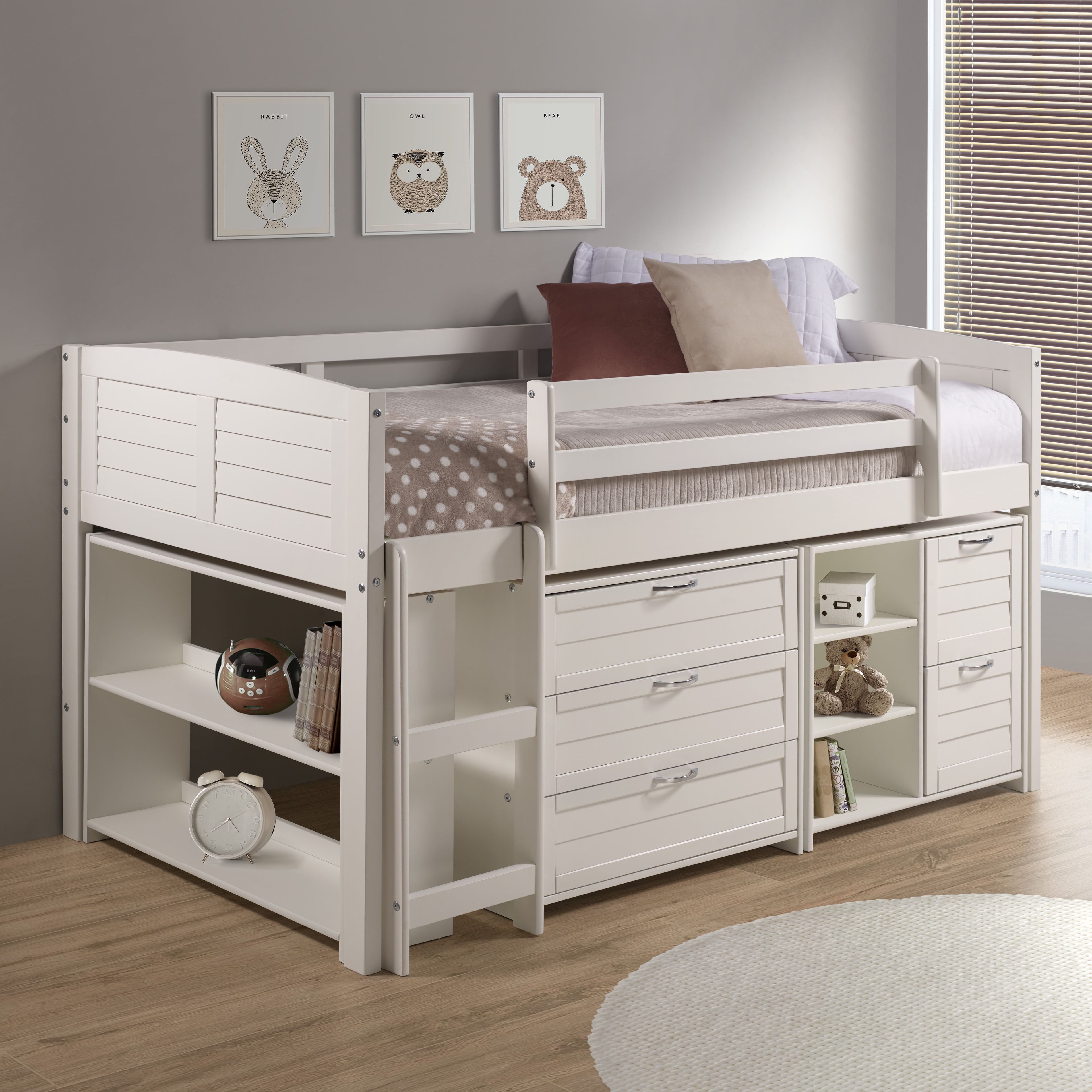 Louvered White Pine Twin Loft Bed with Storage and Bookcase