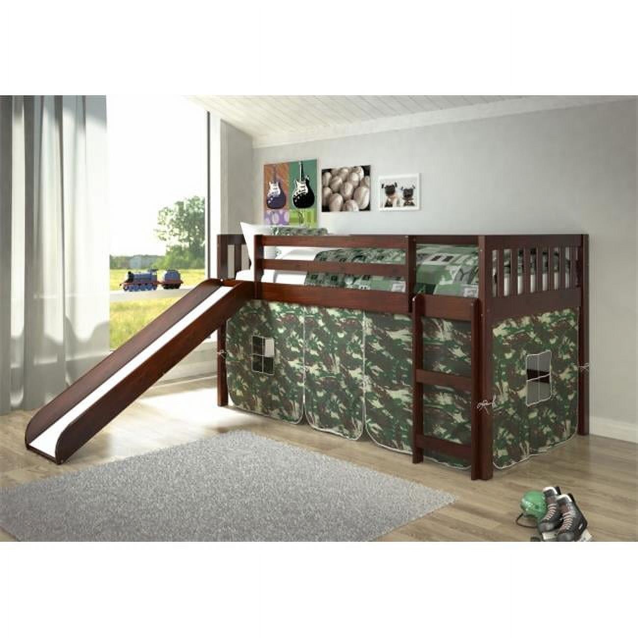 Dark Cappuccino Pine Twin Loft Bed with Green Camo Tent and Slide