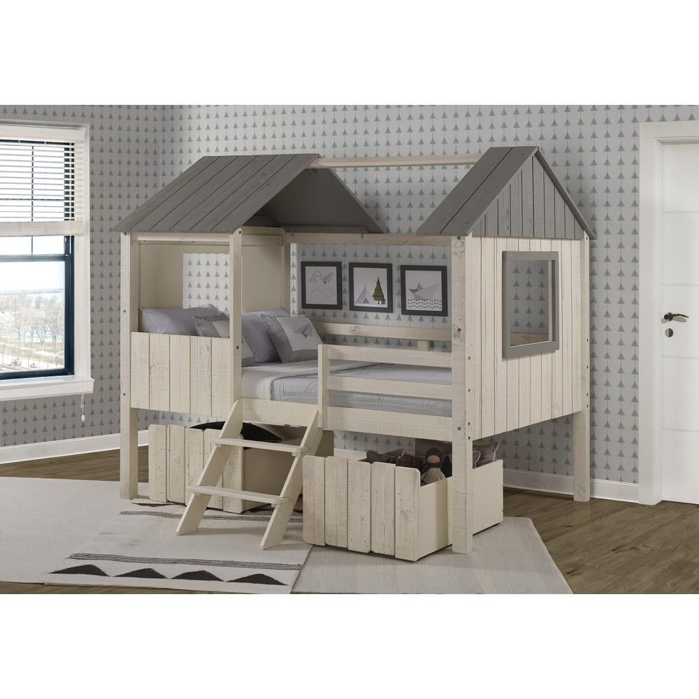 Rustic Sand & Grey Pine Wood Low Loft Full Bed with Dual Storage Drawers