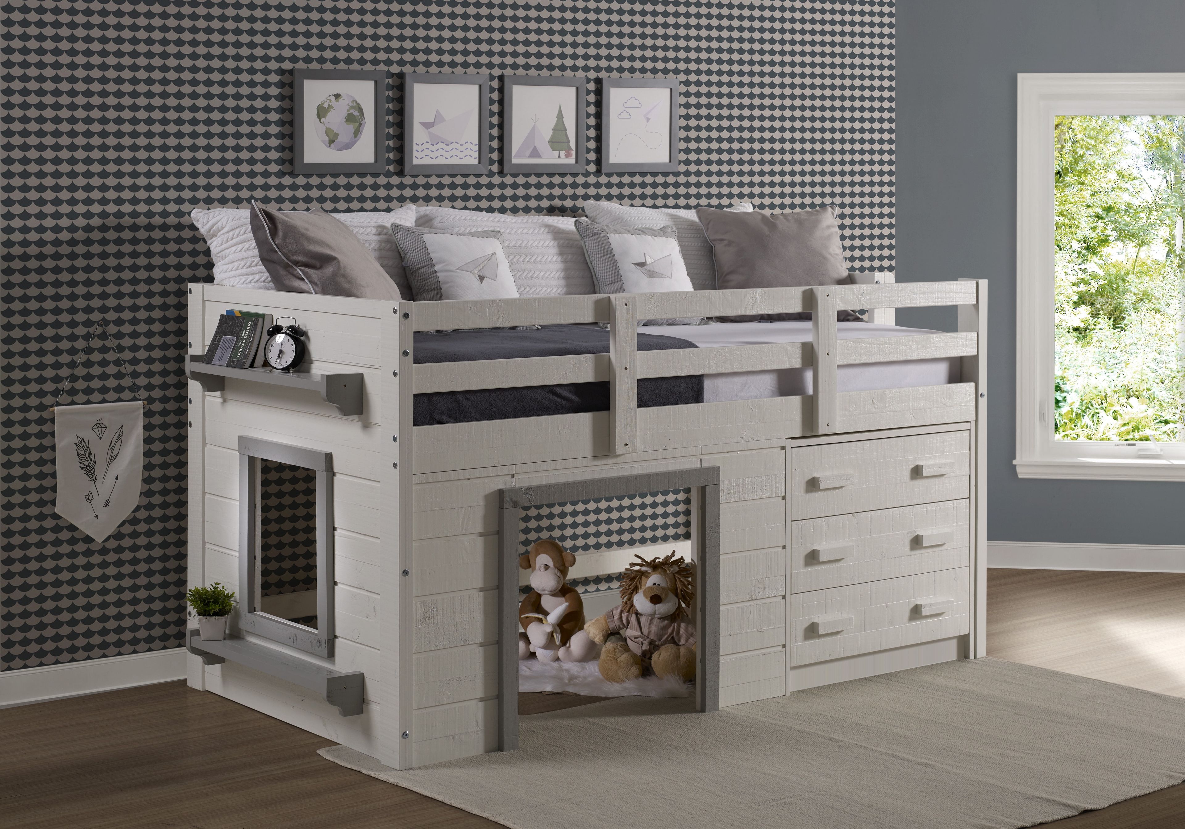 Sweet Dreams Twin Low Loft Bed with Drawer in White & Grey Pine