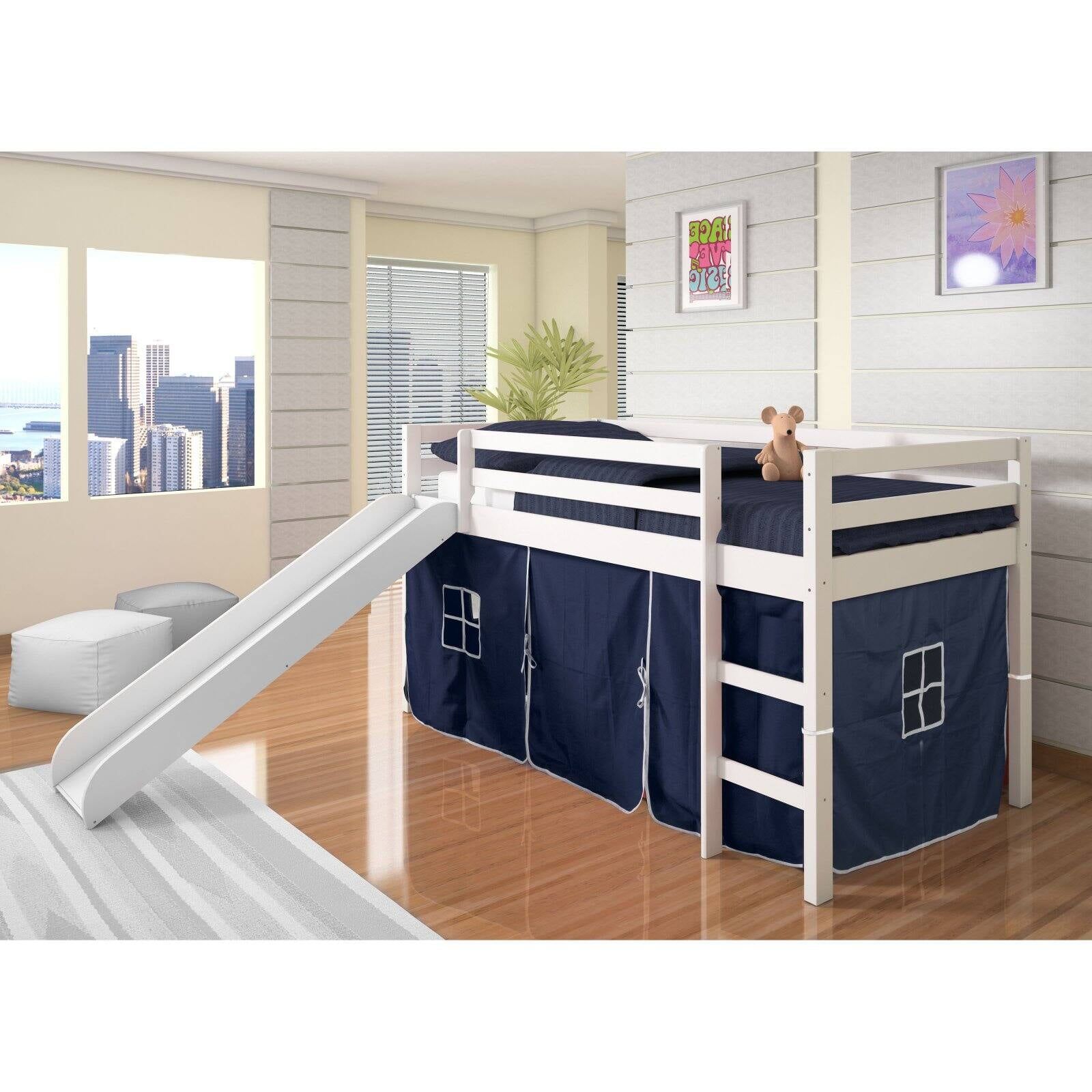 White Twin Pine Loft Bed with Blue Tent and Slide