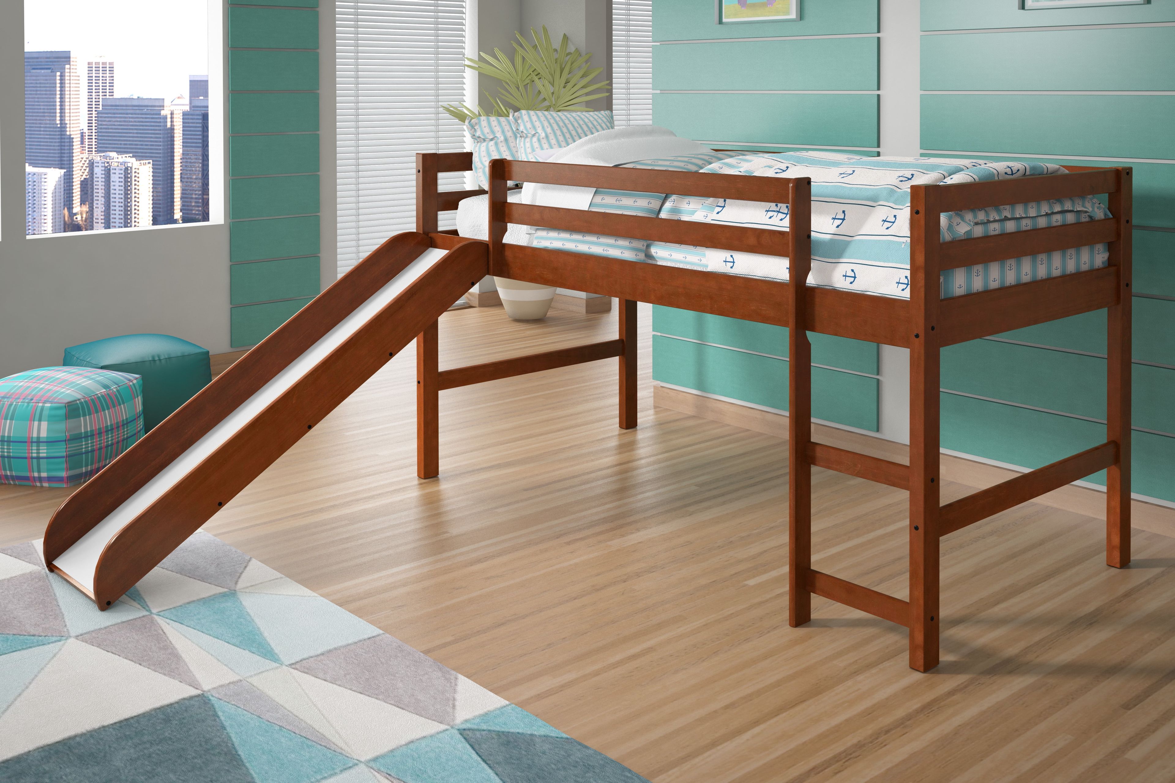 Espresso Pine Twin Loft Bed with Slide and Headboard