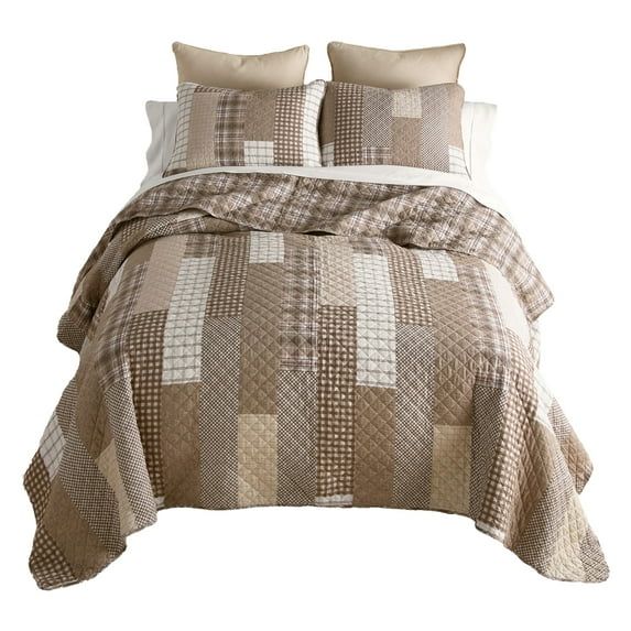 Highland Plaid Twin Cotton Quilt Set in Warm Taupe and White