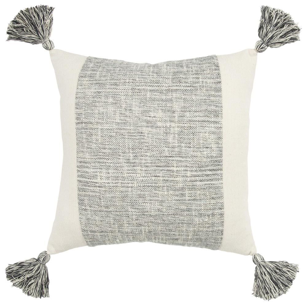Light Gray and White Cotton Pillow with Tassels, 20" x 20"