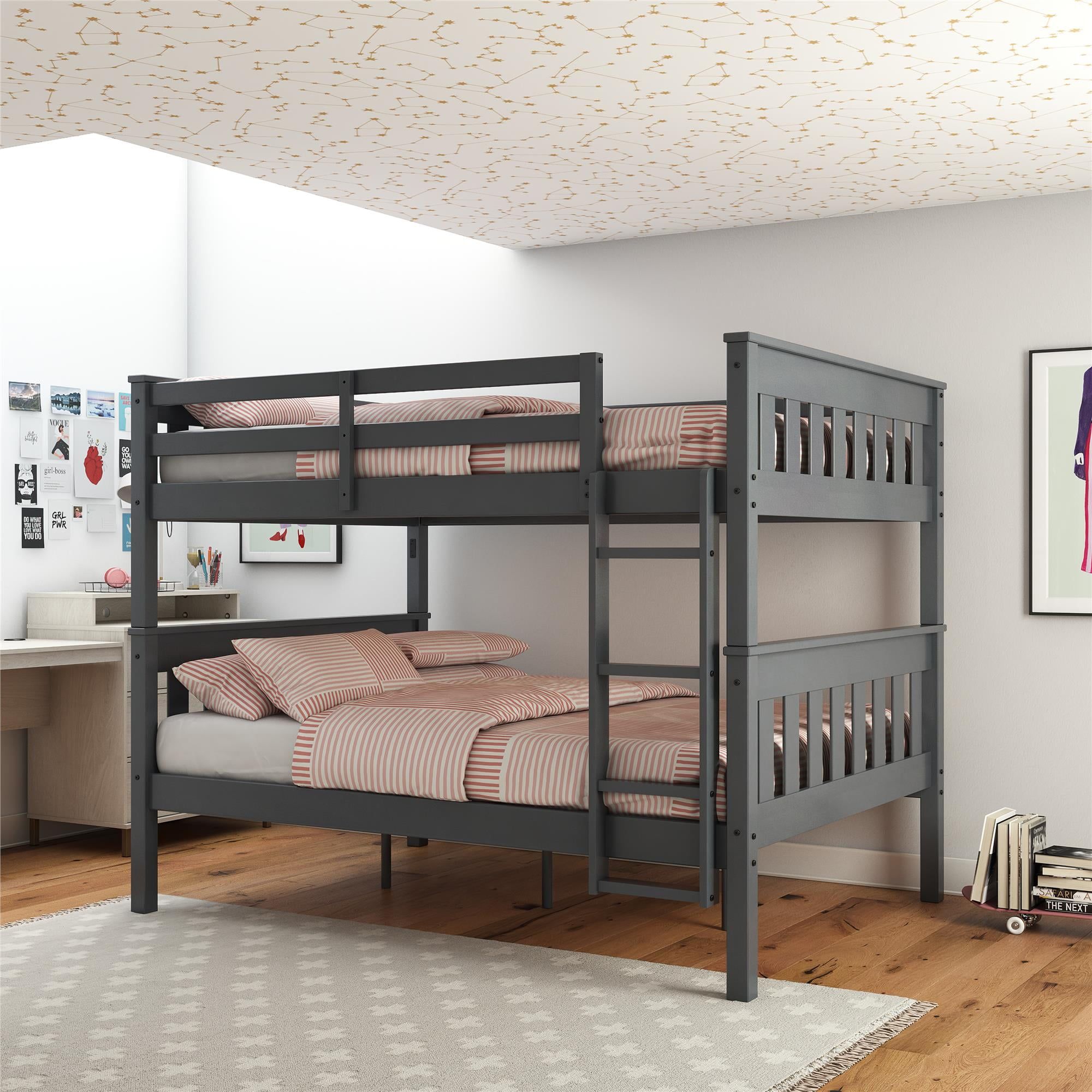 Moon Gray Full-Over-Full Wood Bunk Bed with Ladder