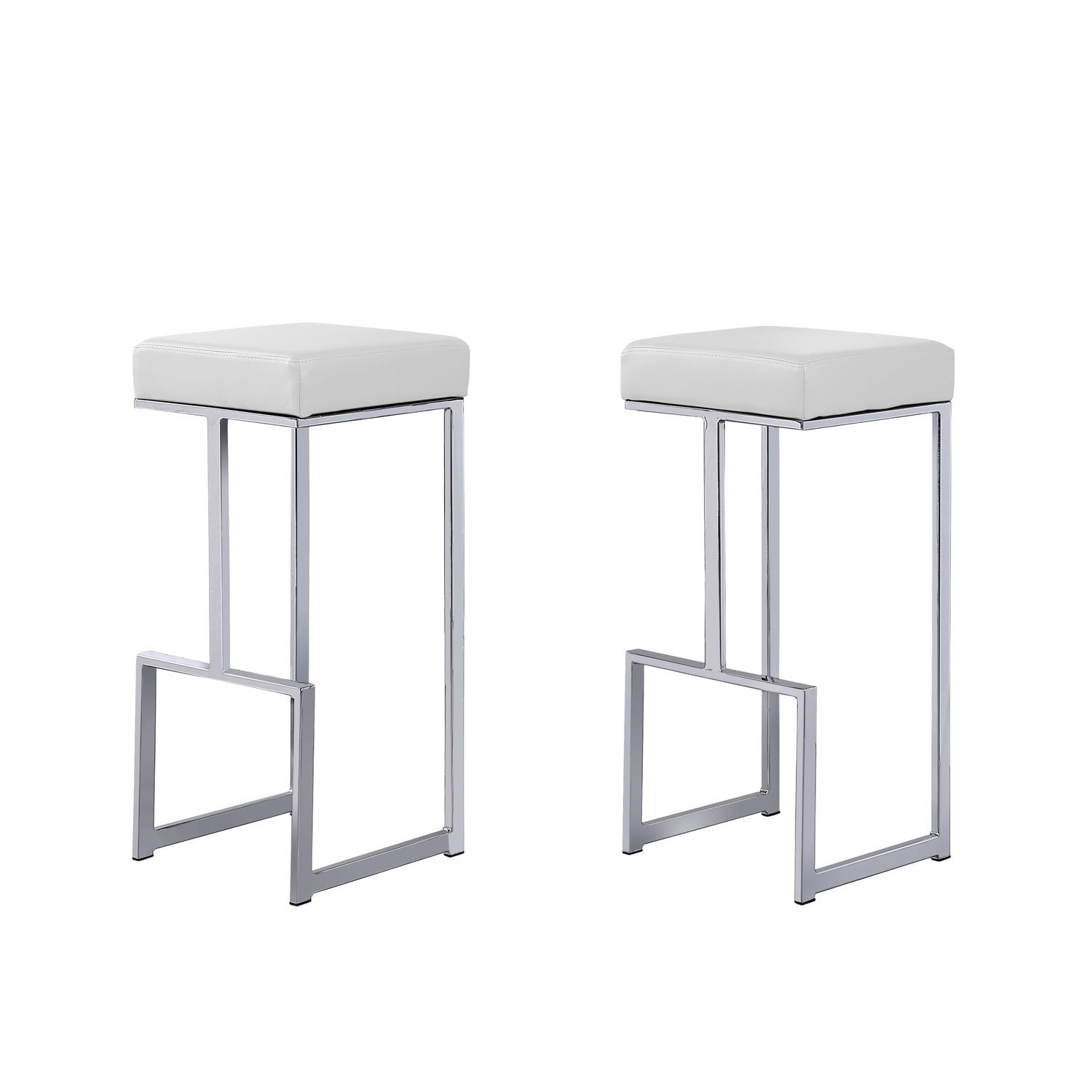 31" White Faux Leather Backless Bar Stools with Silver Frame, Set of 2