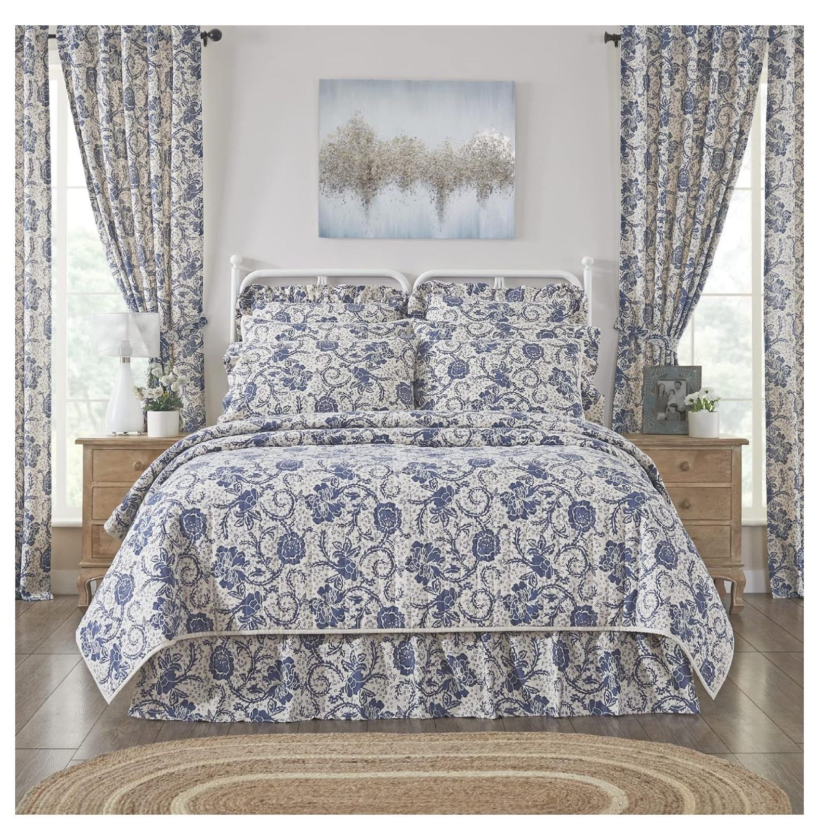 Navy Floral Reversible Cotton Queen Quilt