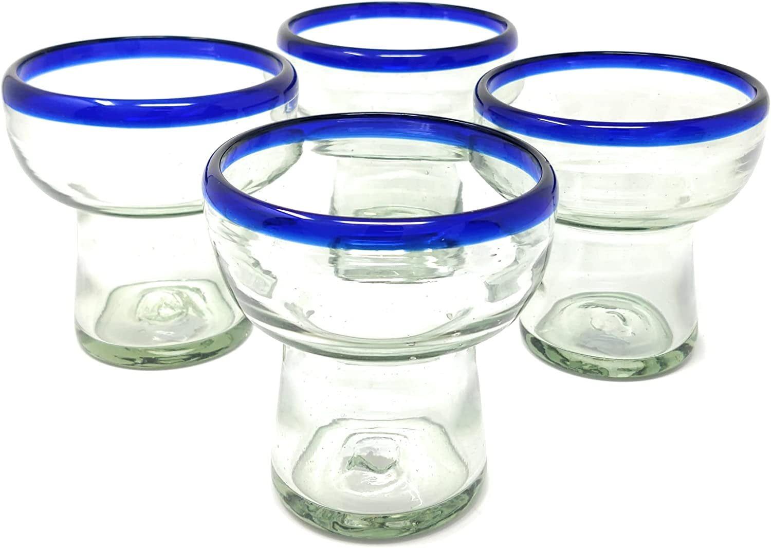 Handmade Blue Rim Stemless Margarita Glasses Set of 4