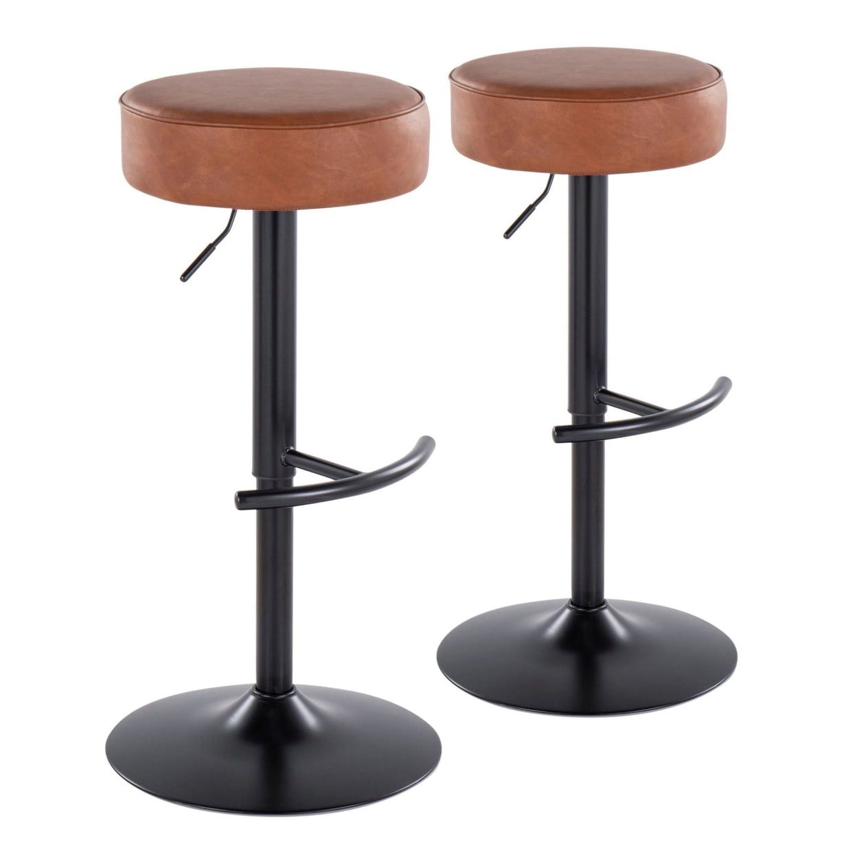 Camel Faux Leather Adjustable Swivel Barstools with Black Metal Base, Set of 2