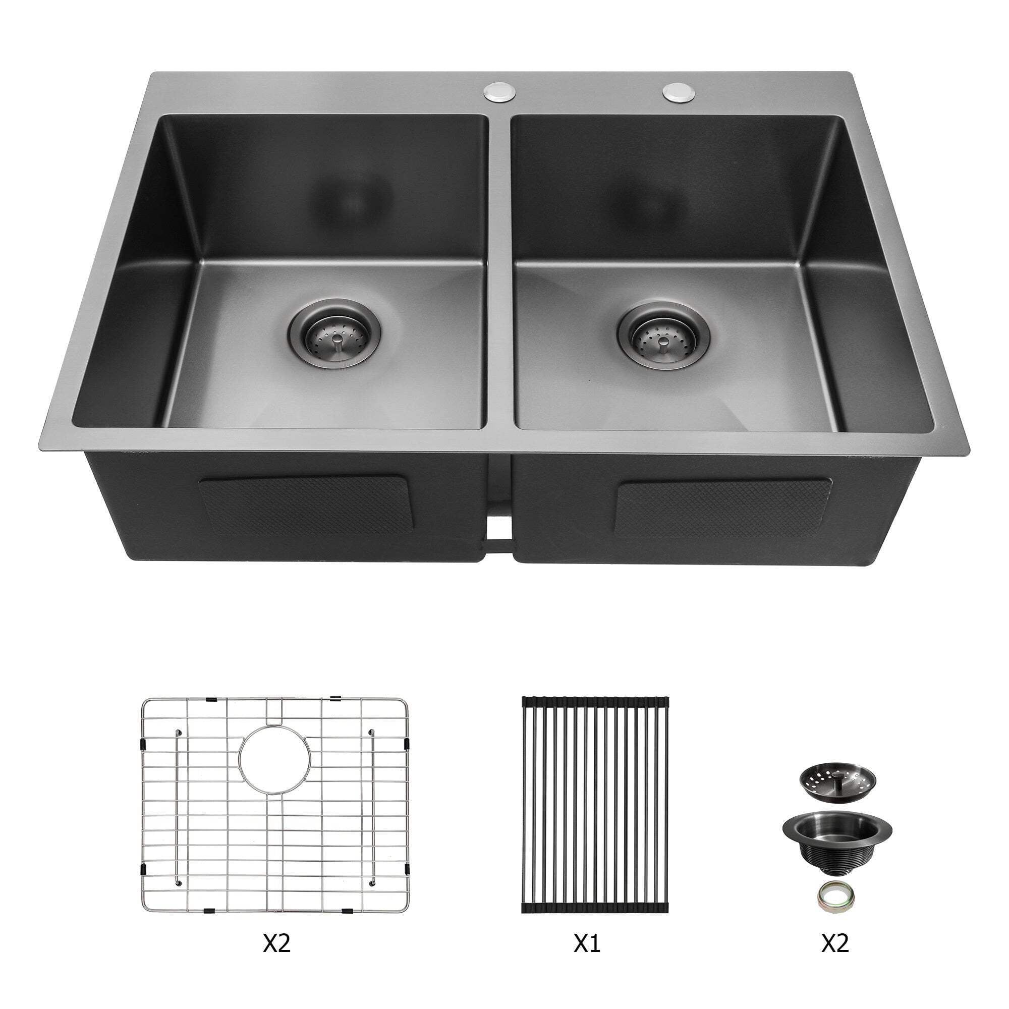 33" Gunmetal Black Double Bowl Stainless Steel Drop-in Kitchen Sink