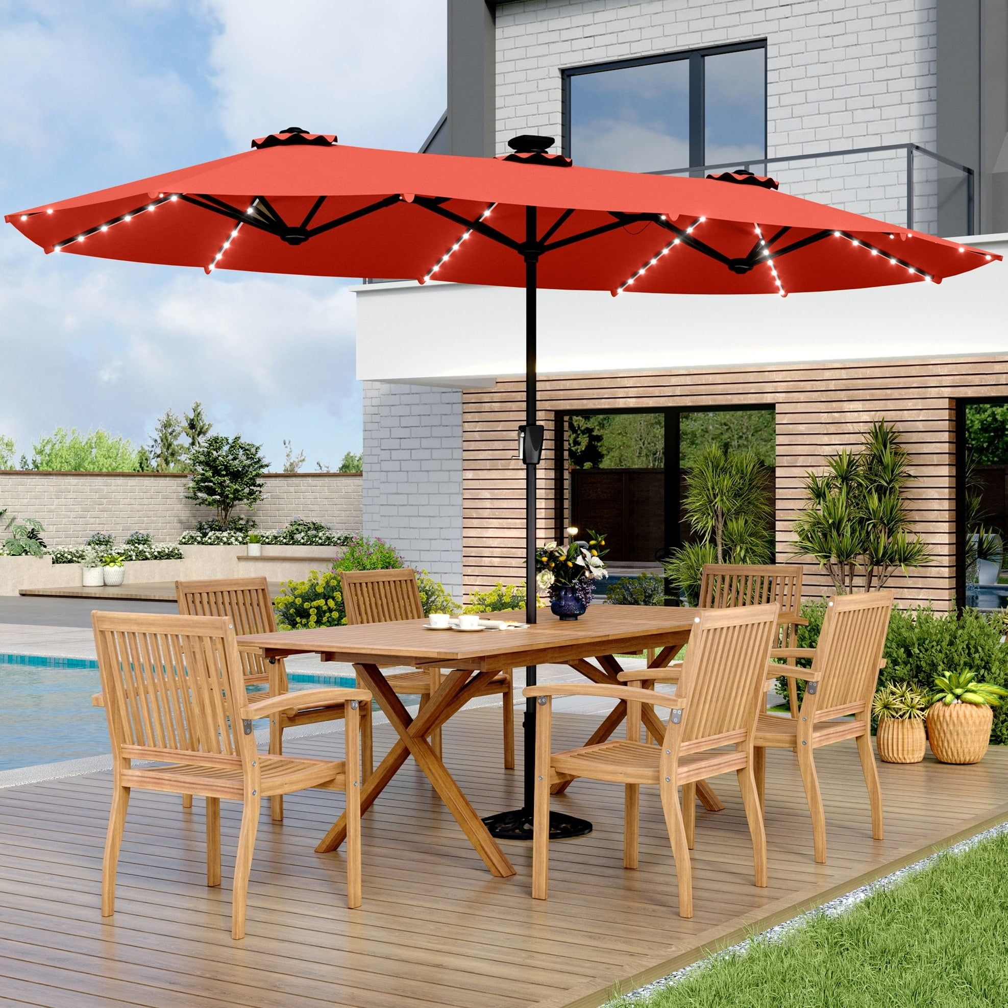 Double-Sided 13-Foot Twin Outdoor Market Umbrella with Red LED Lights
