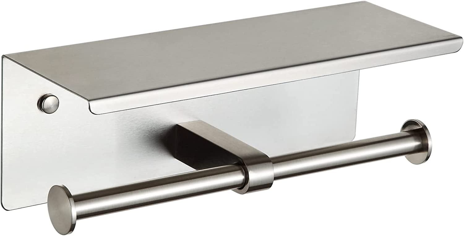 Brushed Nickel Double Toilet Paper Holder with Shelf