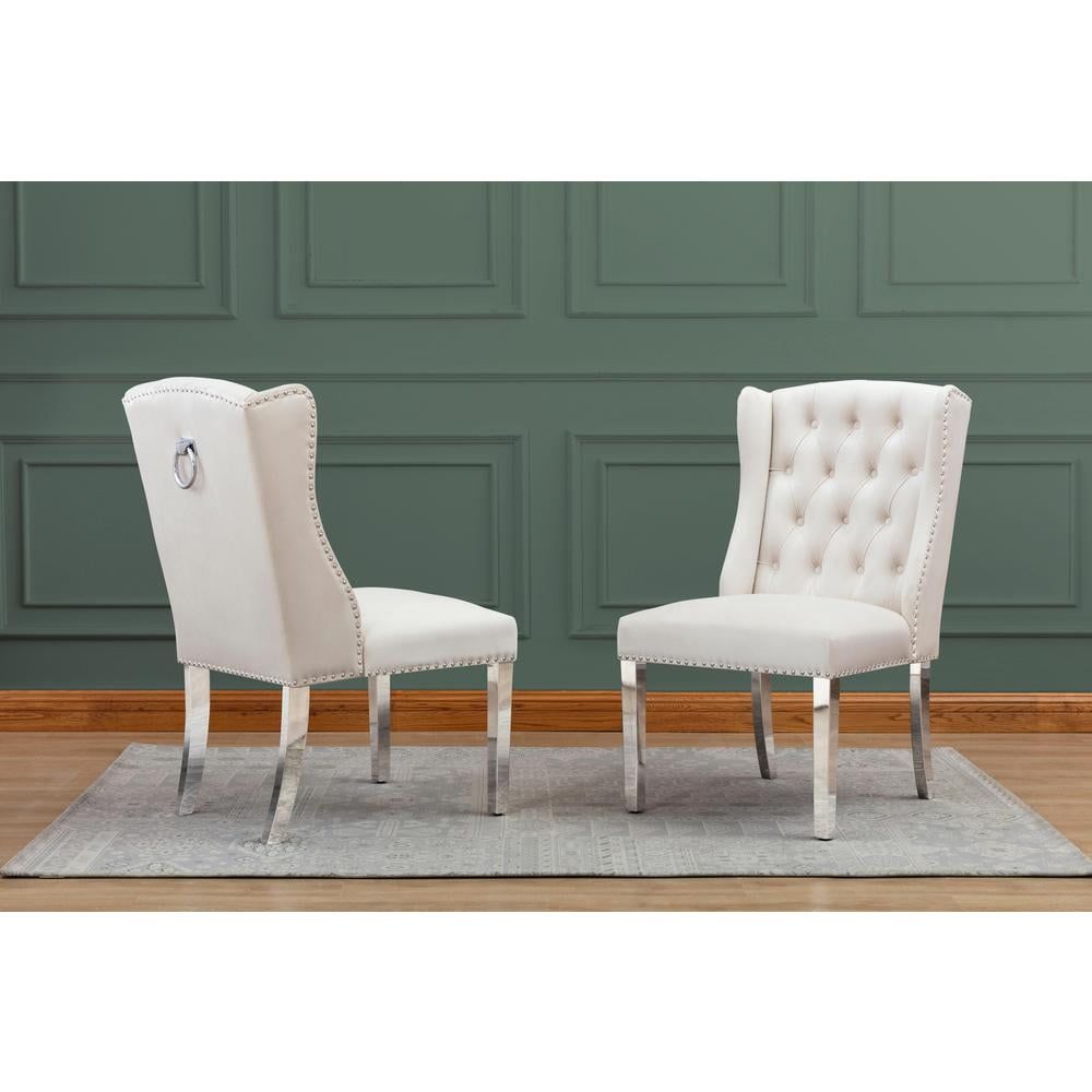 Elegant Cream Velvet Tufted Side Chairs with Silver Metal Accents